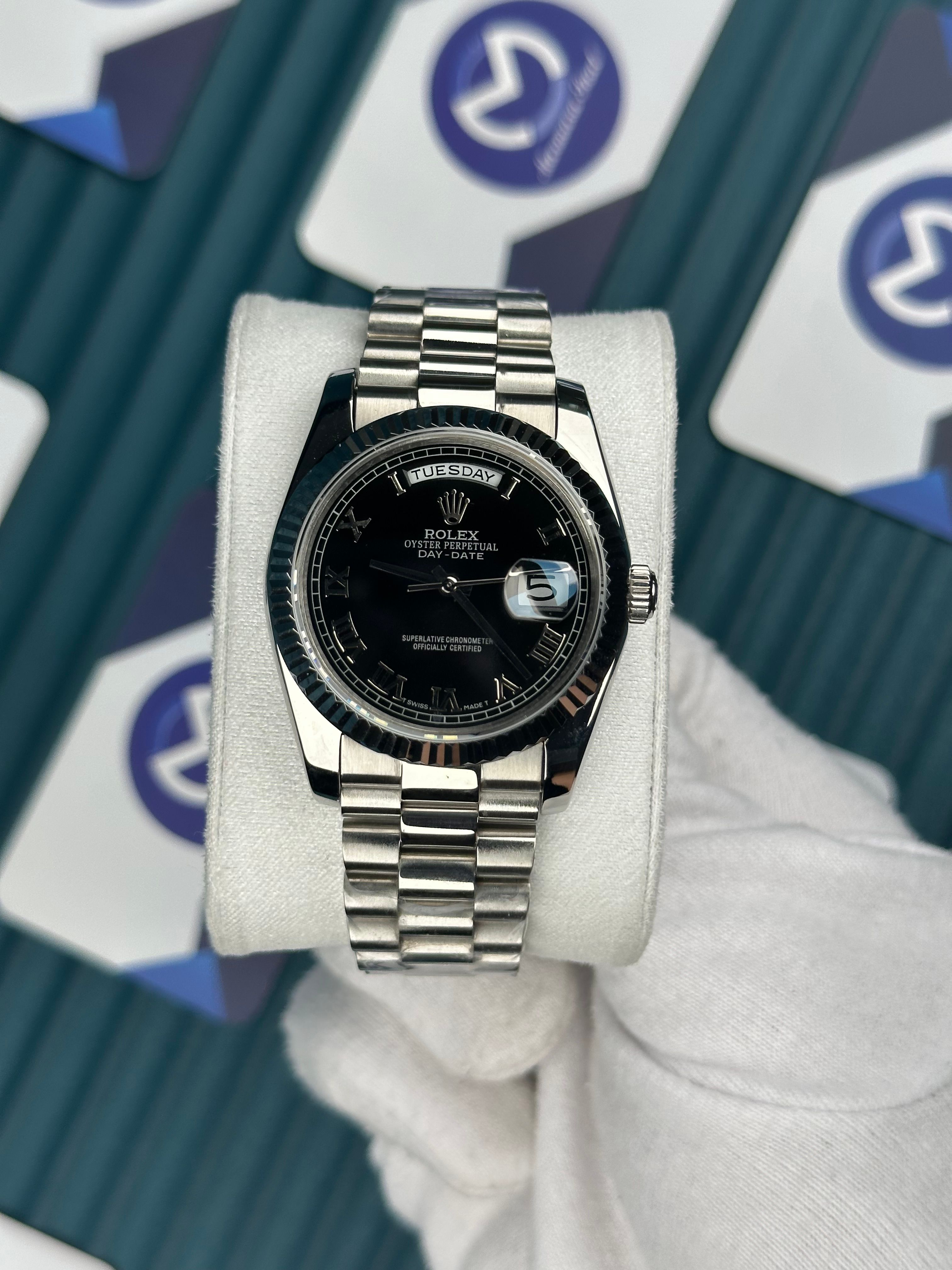 ROLEX 36 DAYDATE BLACK ROMA DIAL SILVER PRESIDENT