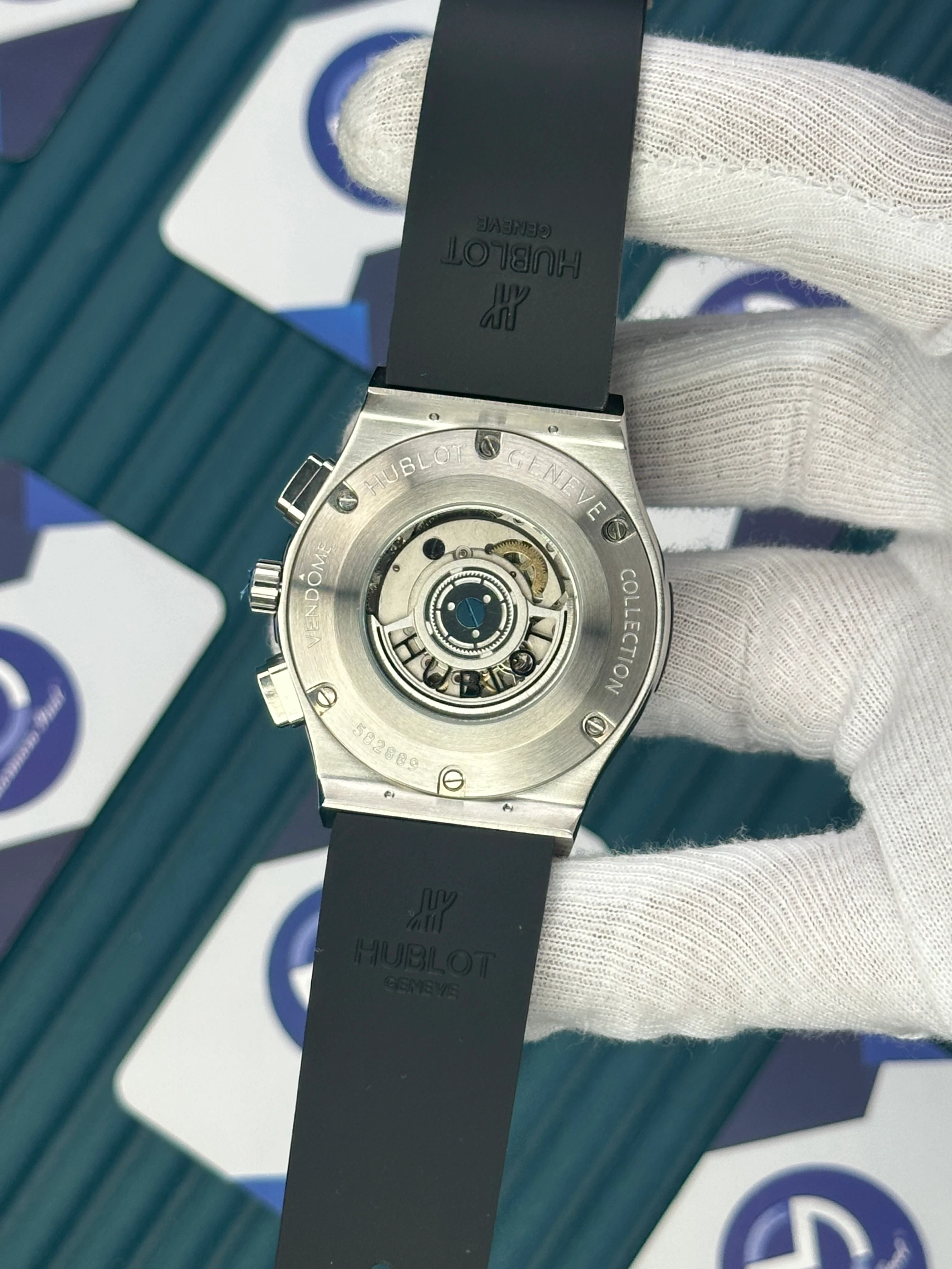 HUBLOT AUTOMATIC CHRONOGRAP SKELETON BLACK BEZEL SILVER CASE BLACK RUBBER CORD 