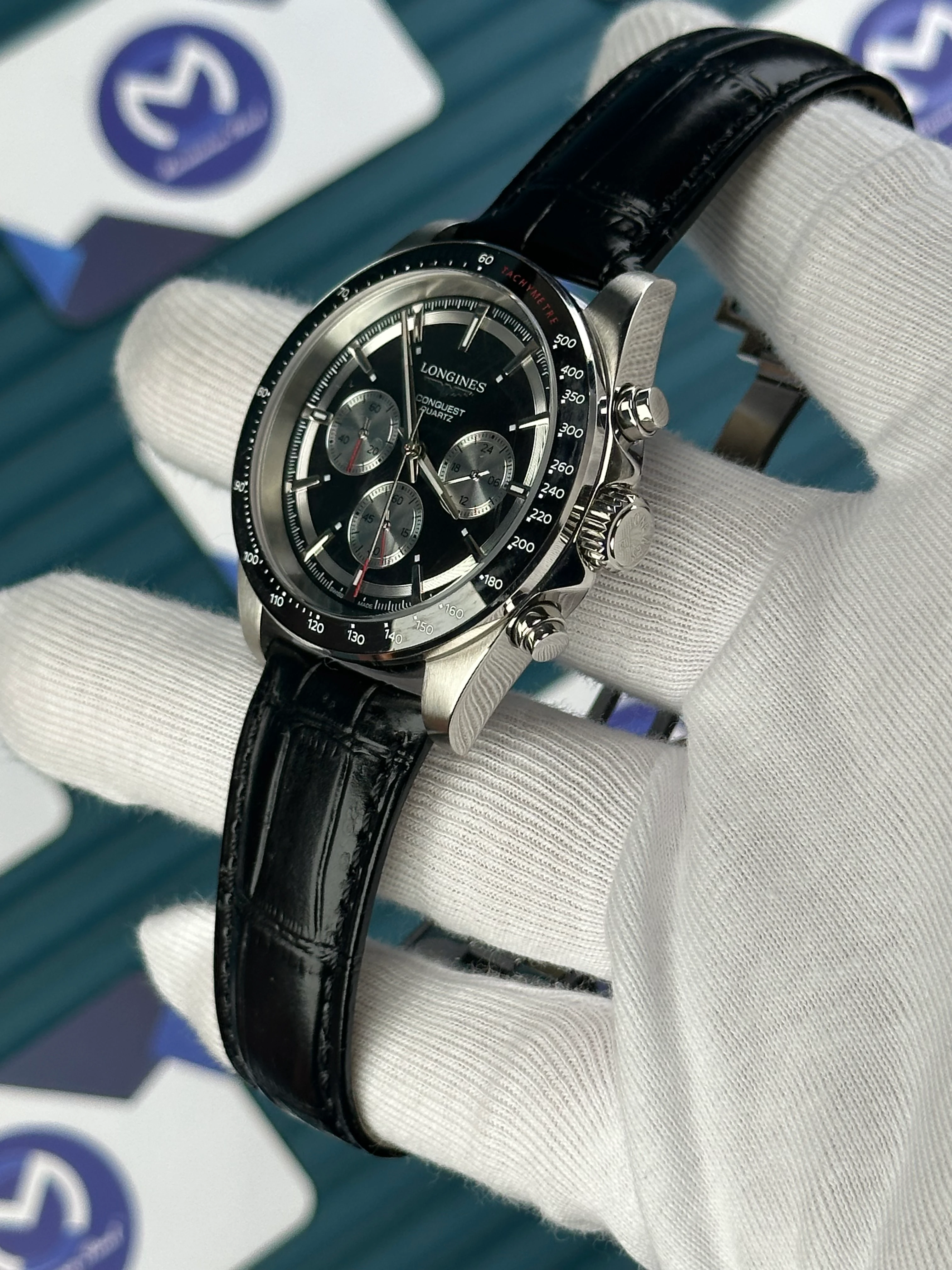 LONGINES CONQUEST AUTOMATIC LIMITED EDITION BLACK DIAL WHITE CHRONOGRAPH BLACK LEATHER 