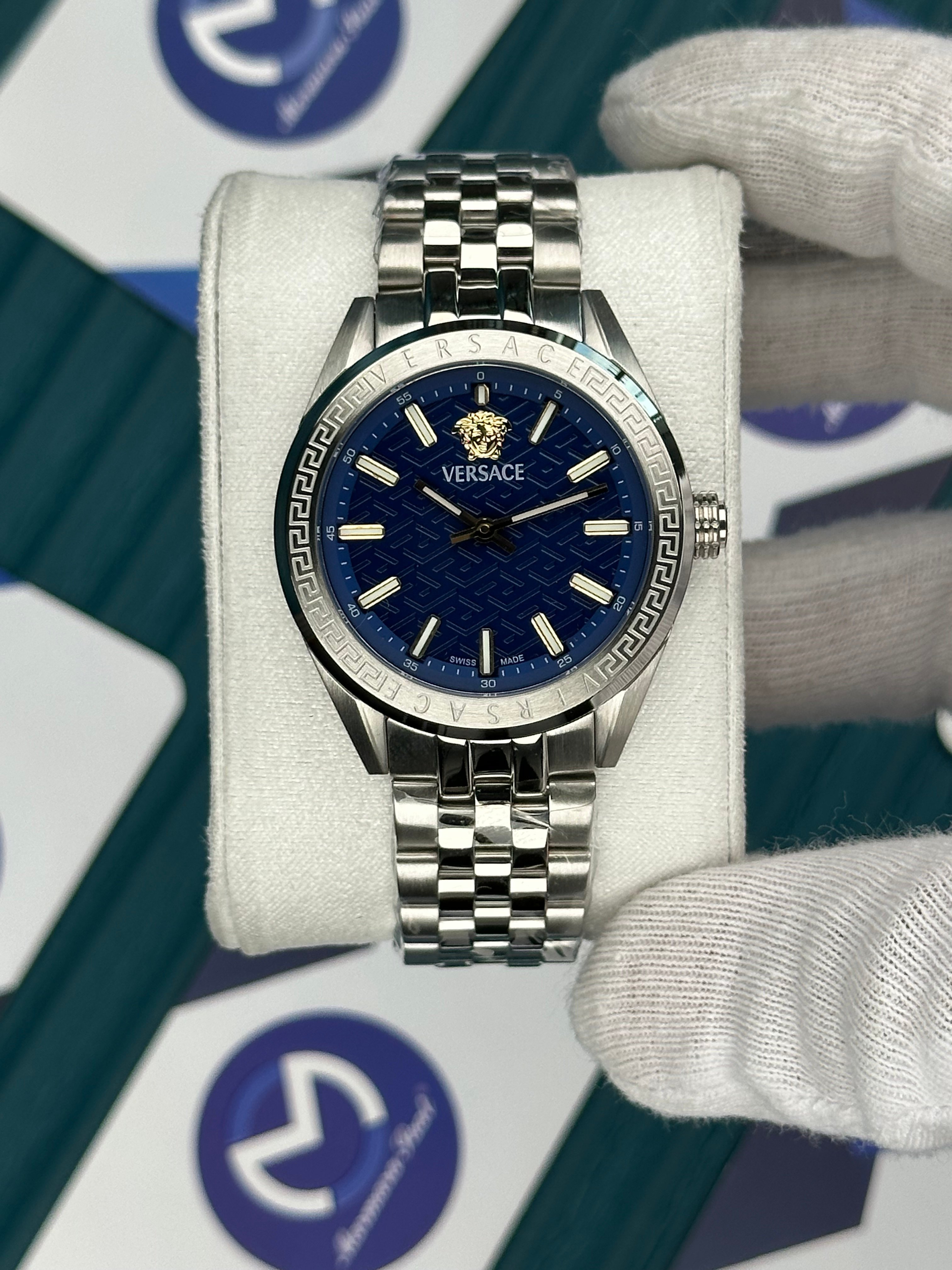VERSACE 36 BLUE DIAL GOLD INDEX SILVER JUBILE