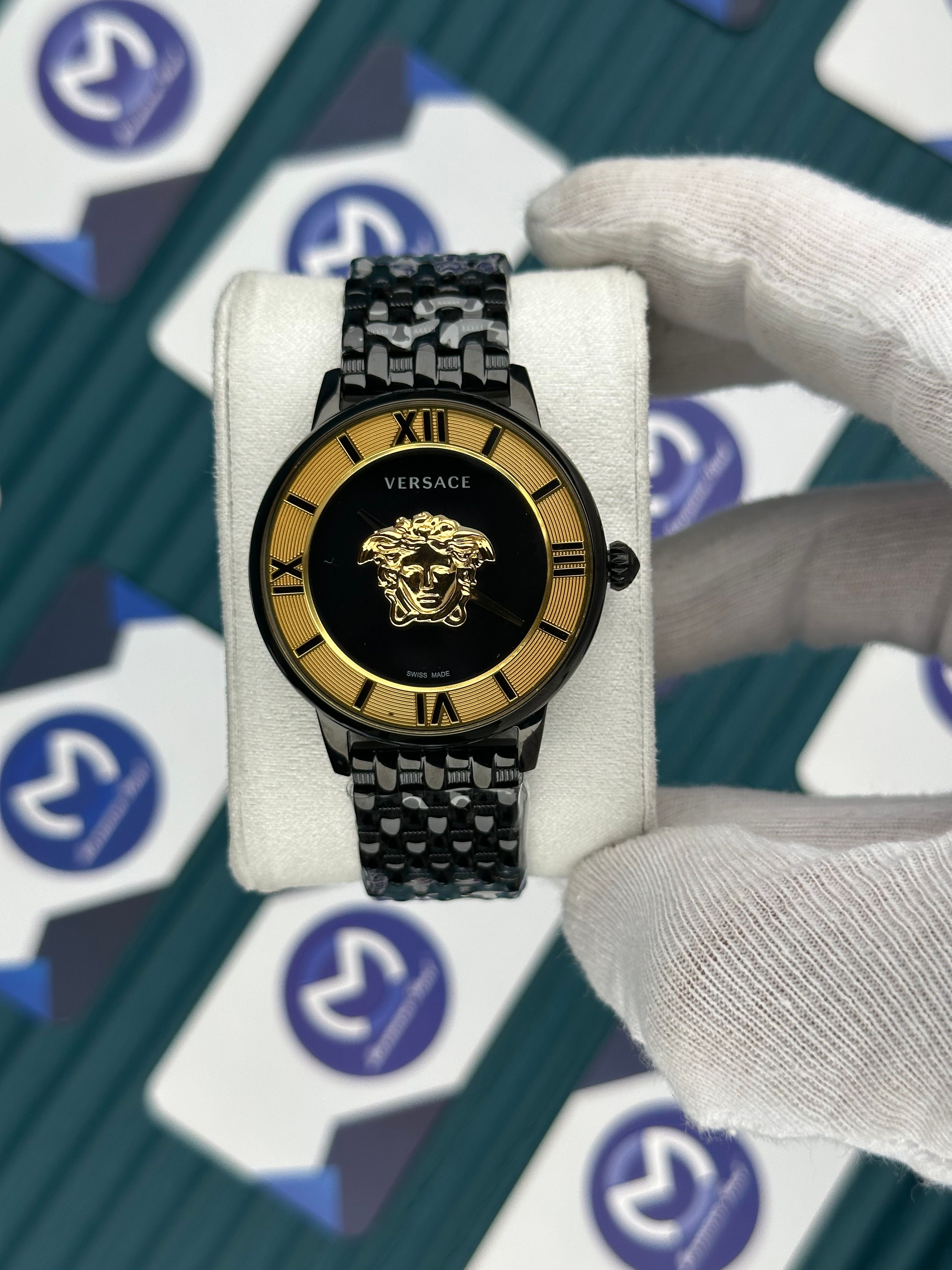 VERSACE 36 GOLD BLACK DIAL 3D BLACK JUBILE