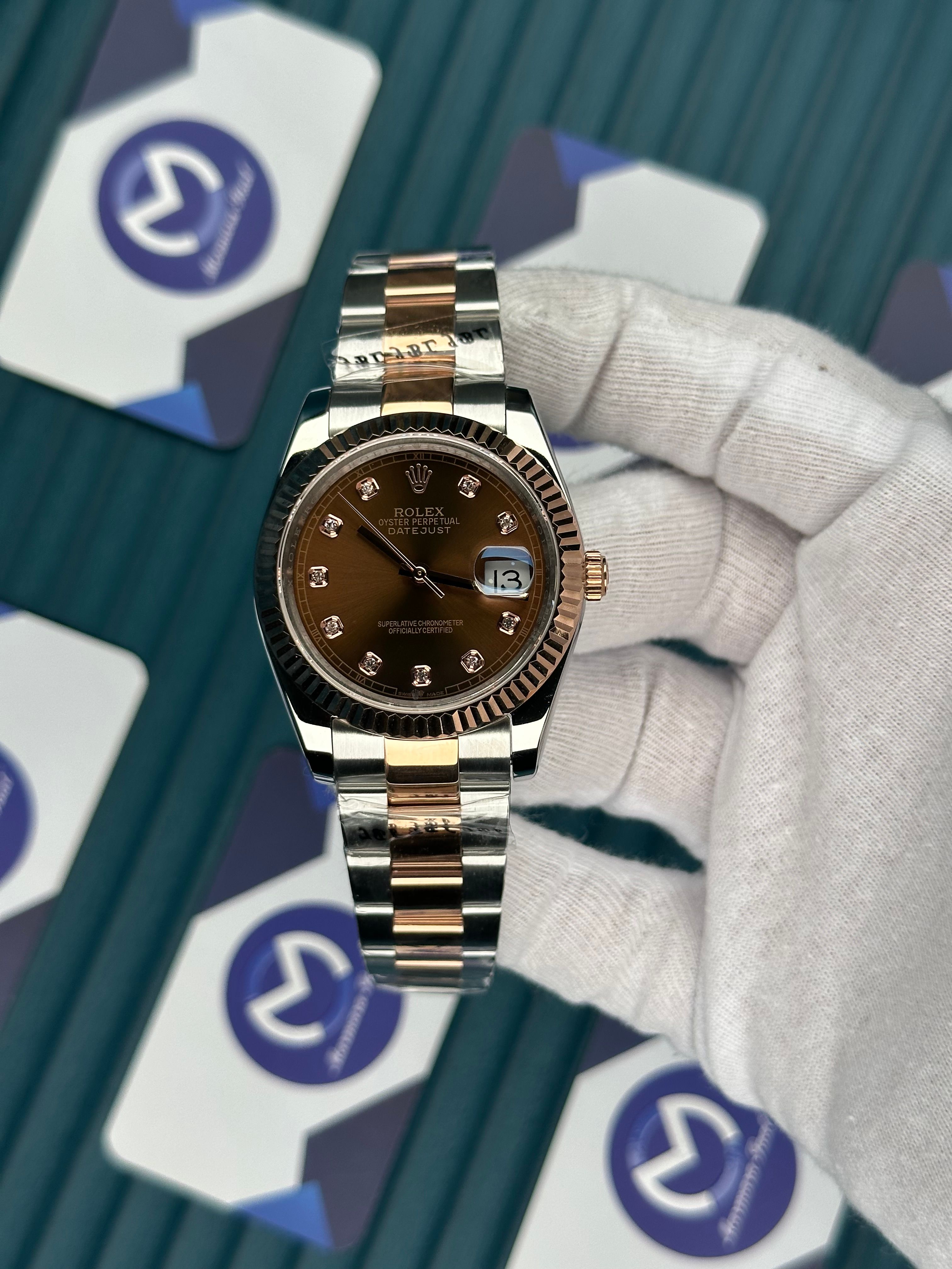 ROLEX DATEJUST CHOCOLATE DIAL DIAMOND INDEX ROSE-SILVER OYSTER