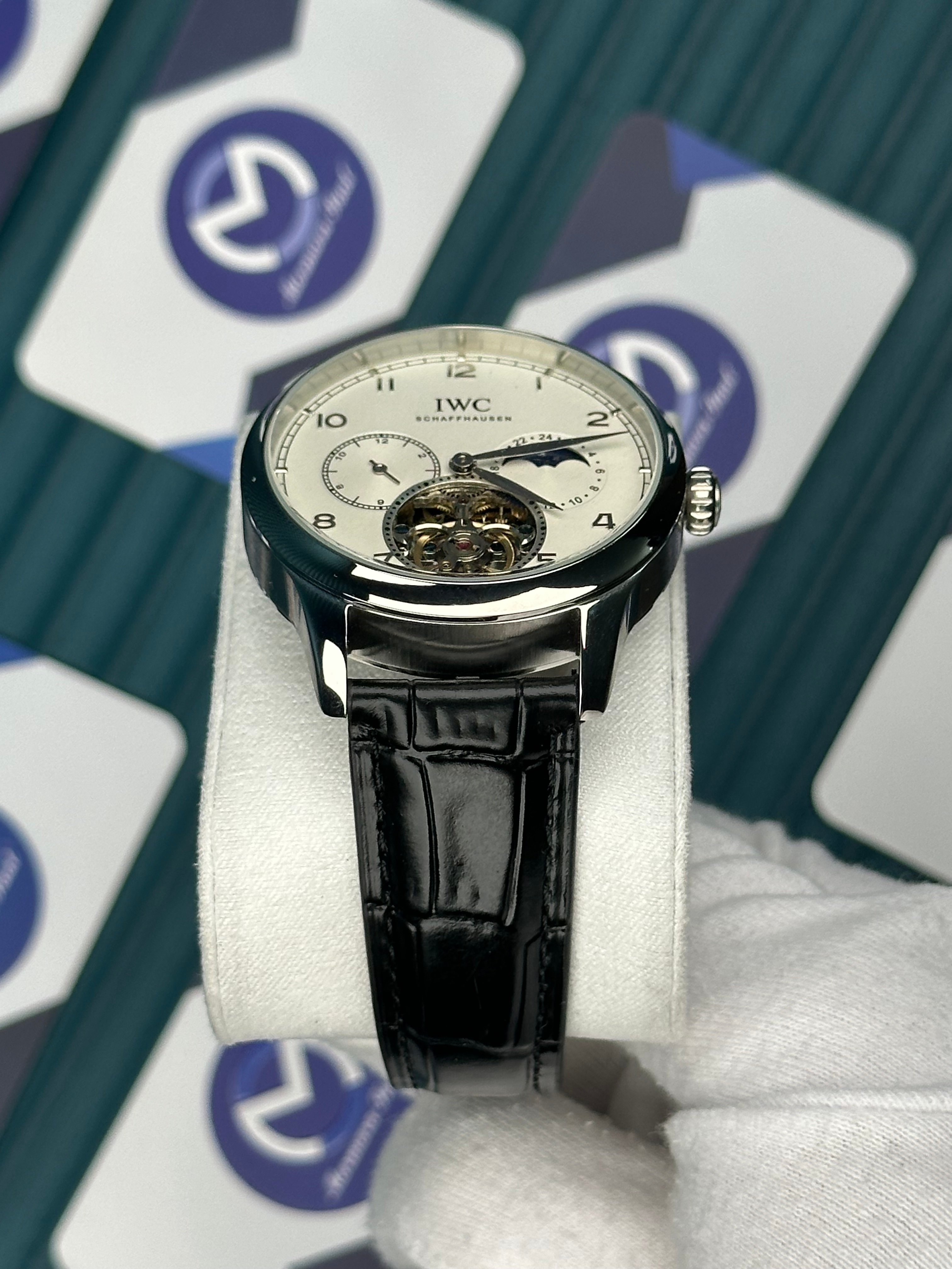 IWC PORTUGUESE TOURBILLON SILVER CASE WHITE DIAL BLACK CORD
