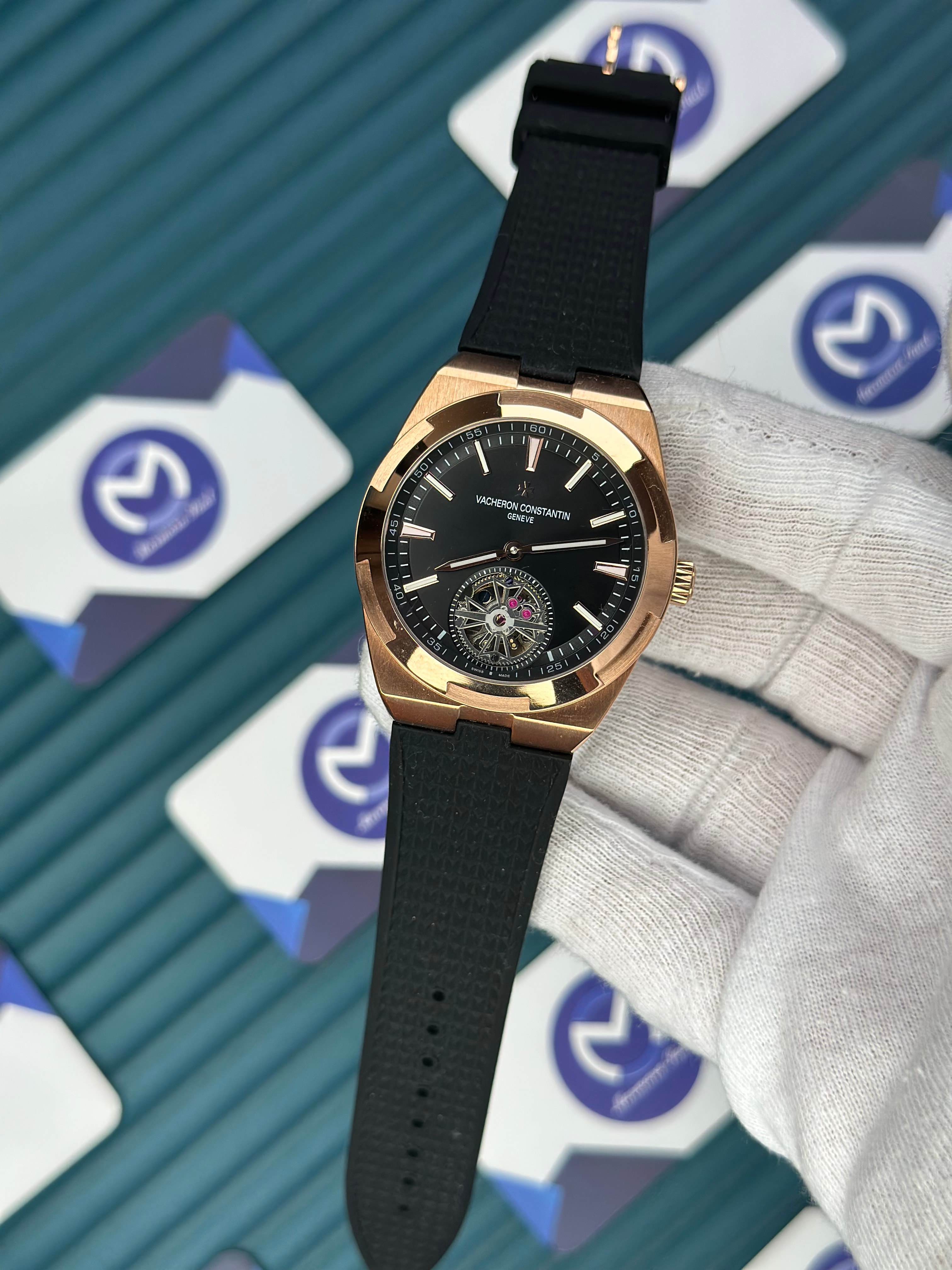 VACHERON CONSTANTIN BLACK DIAL TOURBILLON ROSE CASE OVERSEAS BLACK RUBBER