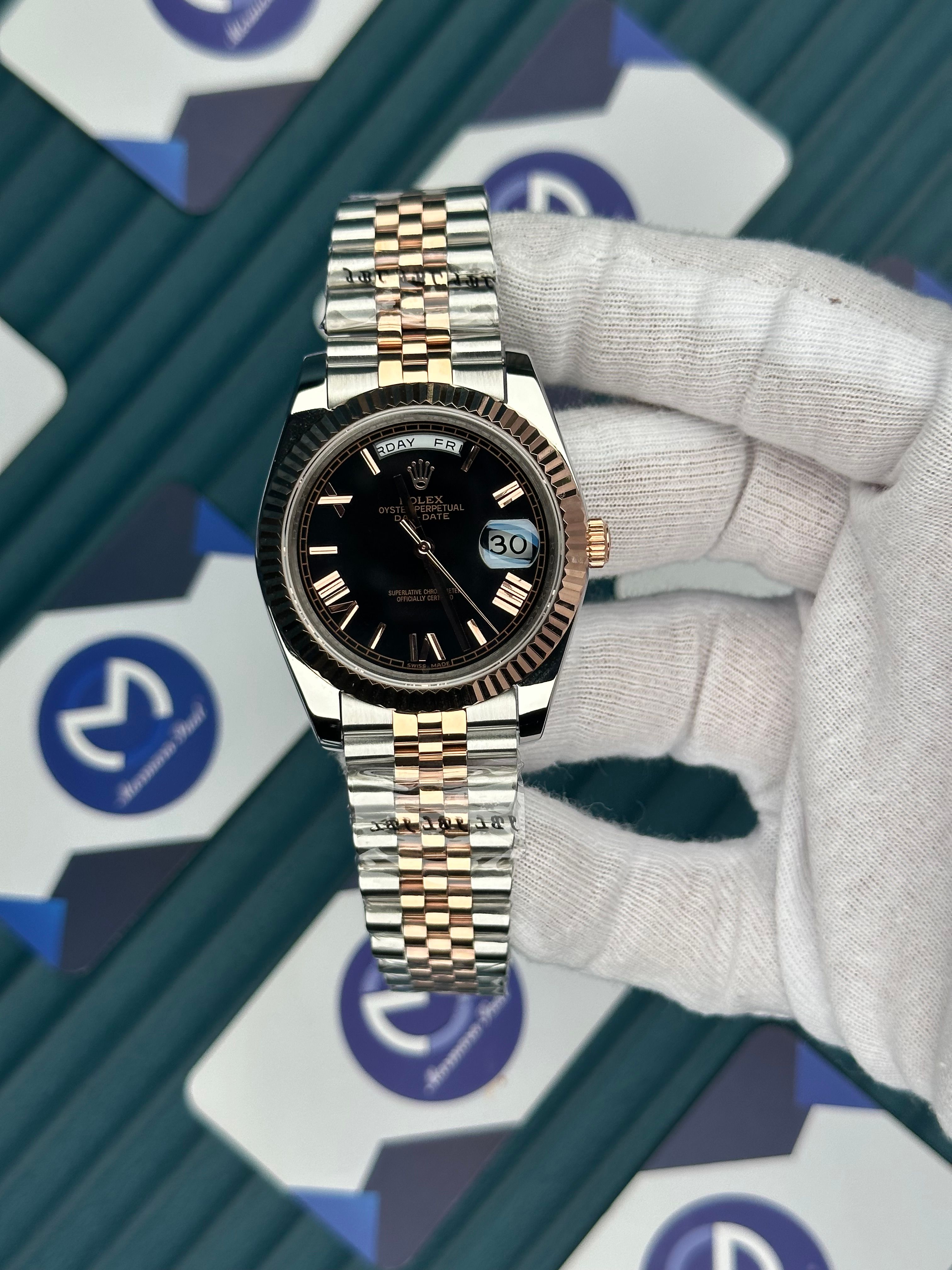 ROLEX DAY-DATE BLACK DIAL ROMA INDEX ROSE-SILVER JUBILE
