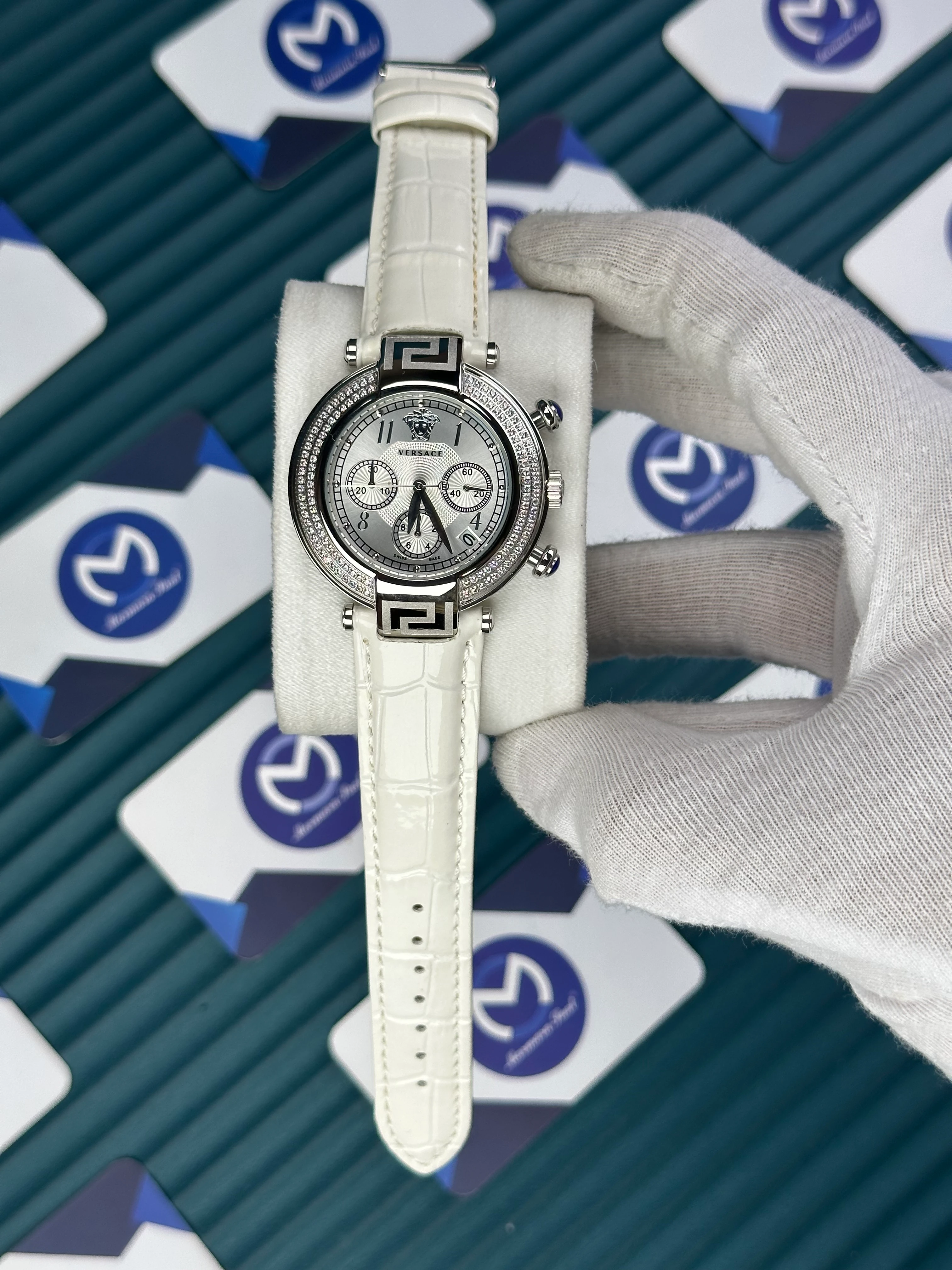 VERSACE 38 WHITE DIAL DIAMOND BEZEL SILVER CASE CHRONOGRAPH WHITE LEATHER CORD