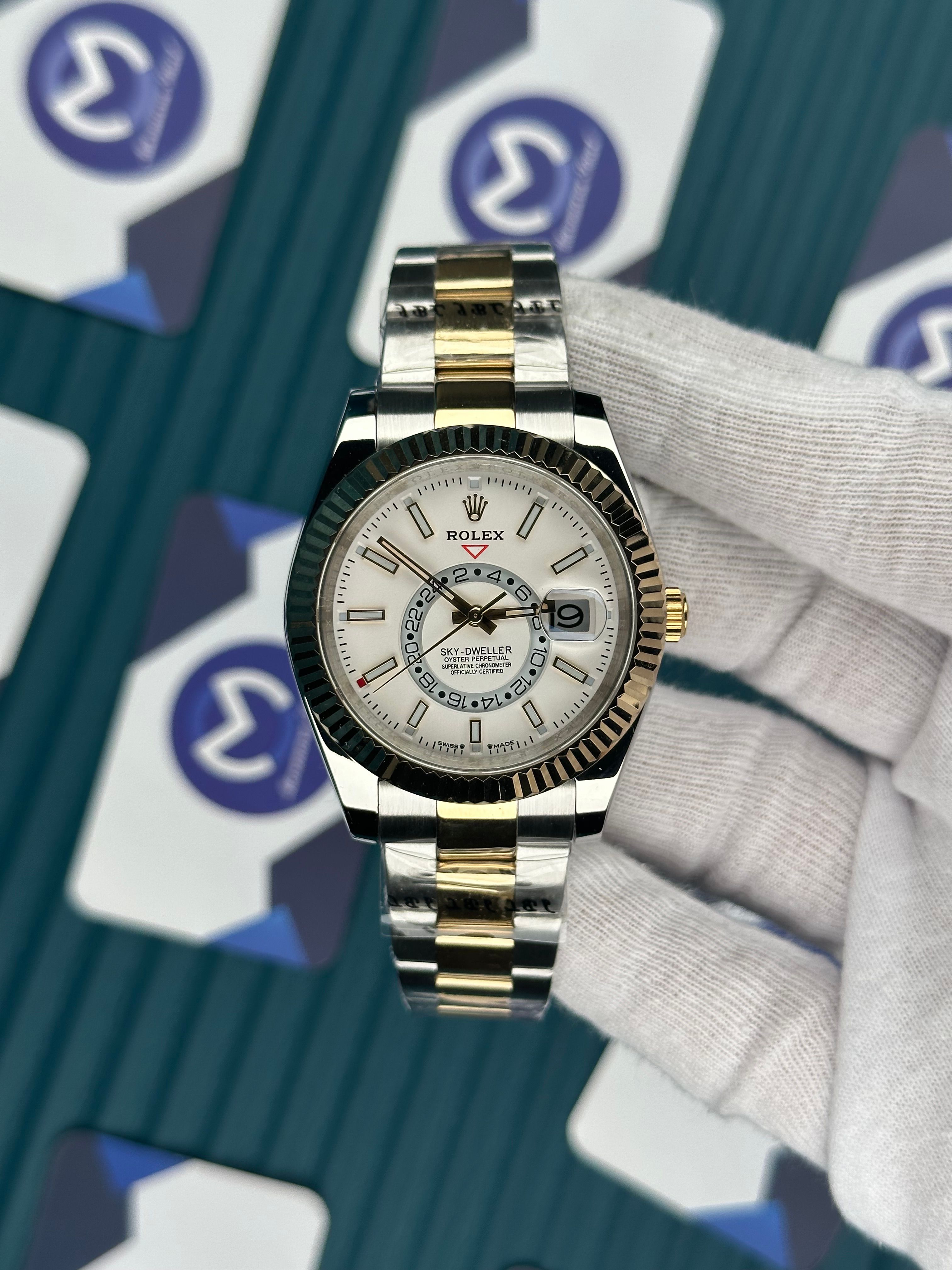 ROLEX SKY-DWELLER WHITE DIAL GOLD-SILVER OYSTER