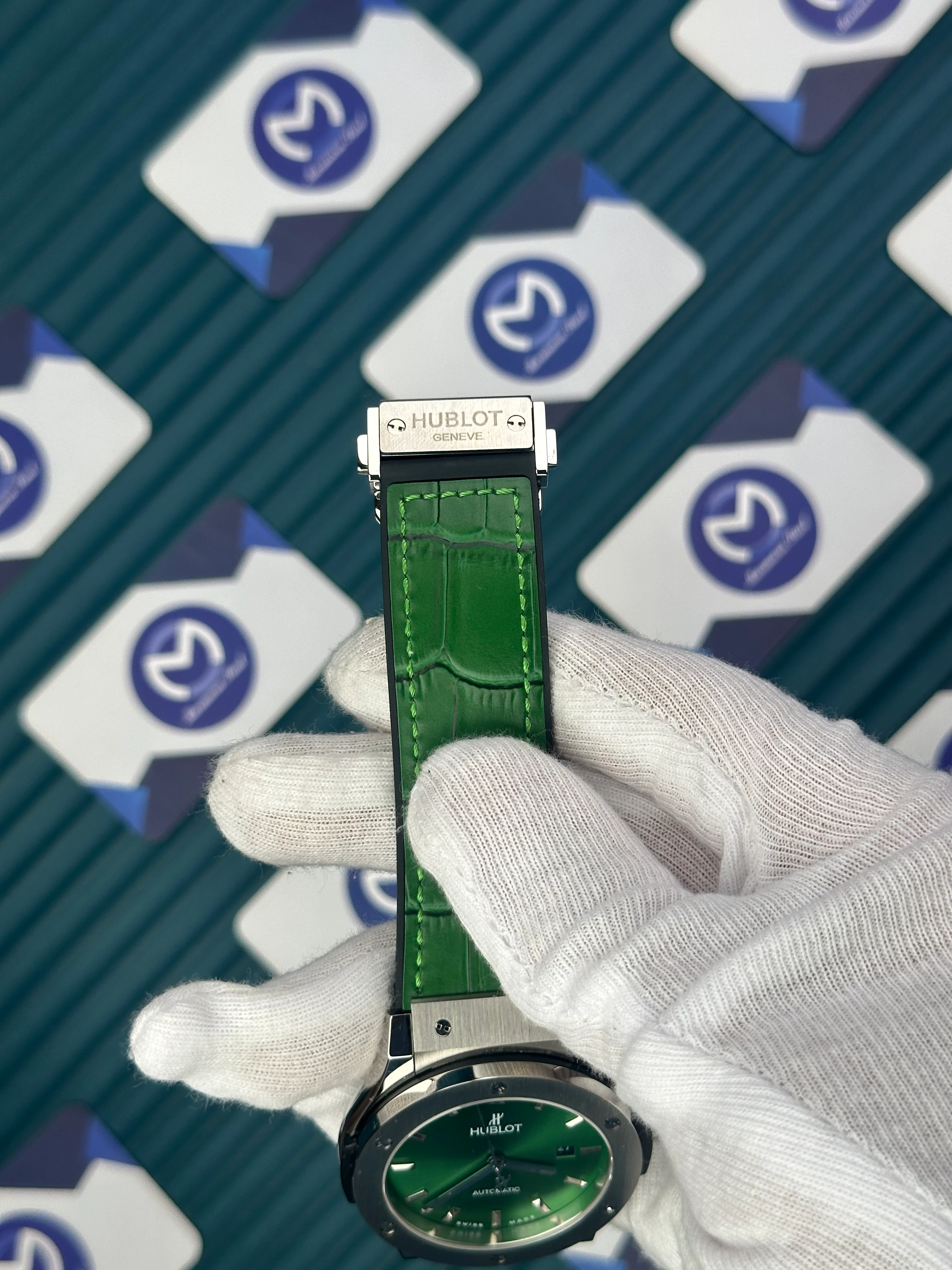 HUBLOT GENEVE AUTOMATIC GREEN DIAL GREY CASE GREEN LEATHER CORD 