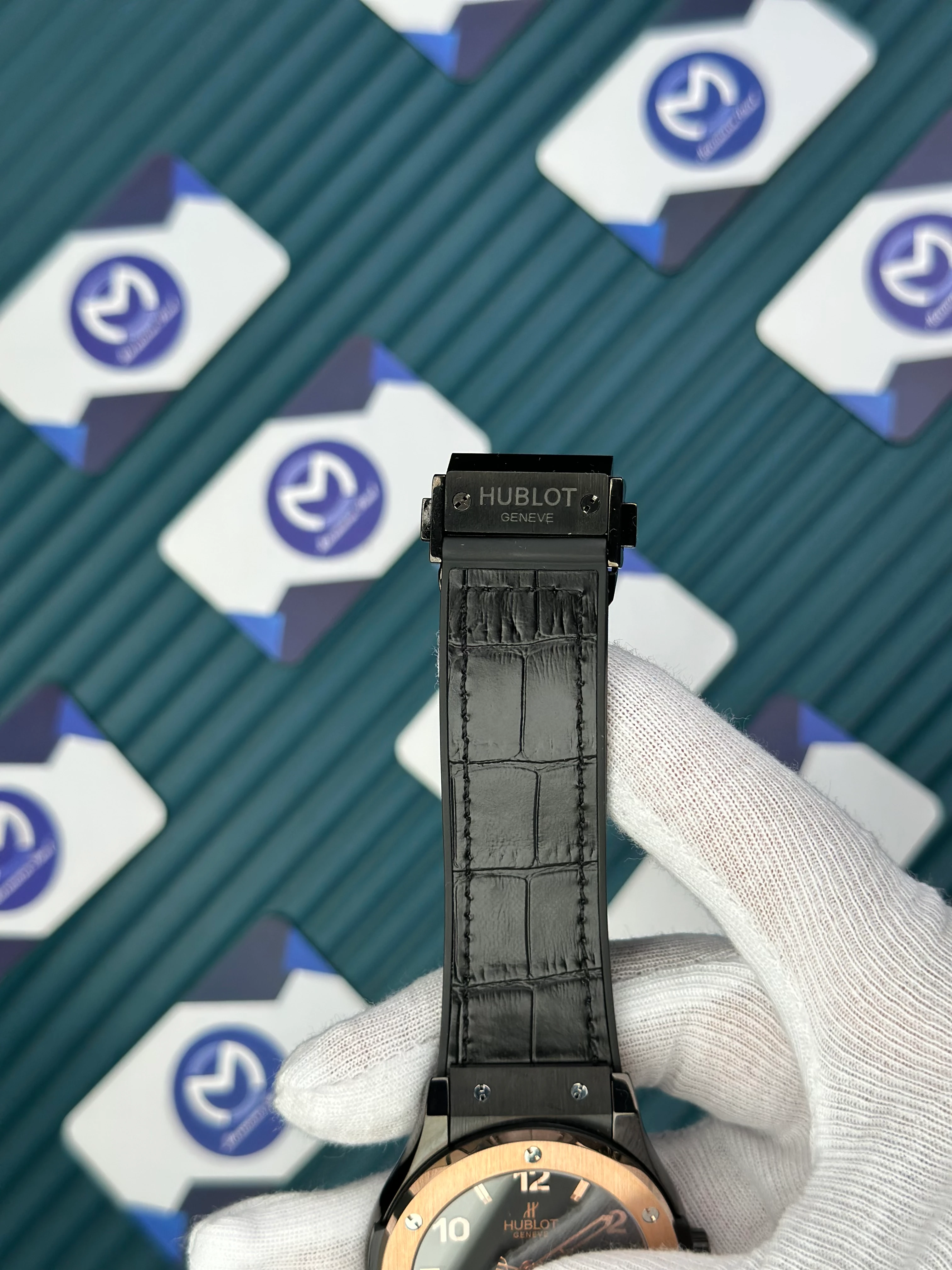 HUBLOT GENEVE AUTOMATIC VENDOME BLACK DIAL ROSE BEZEL BLACK CASE BLACK LEATHER CORD