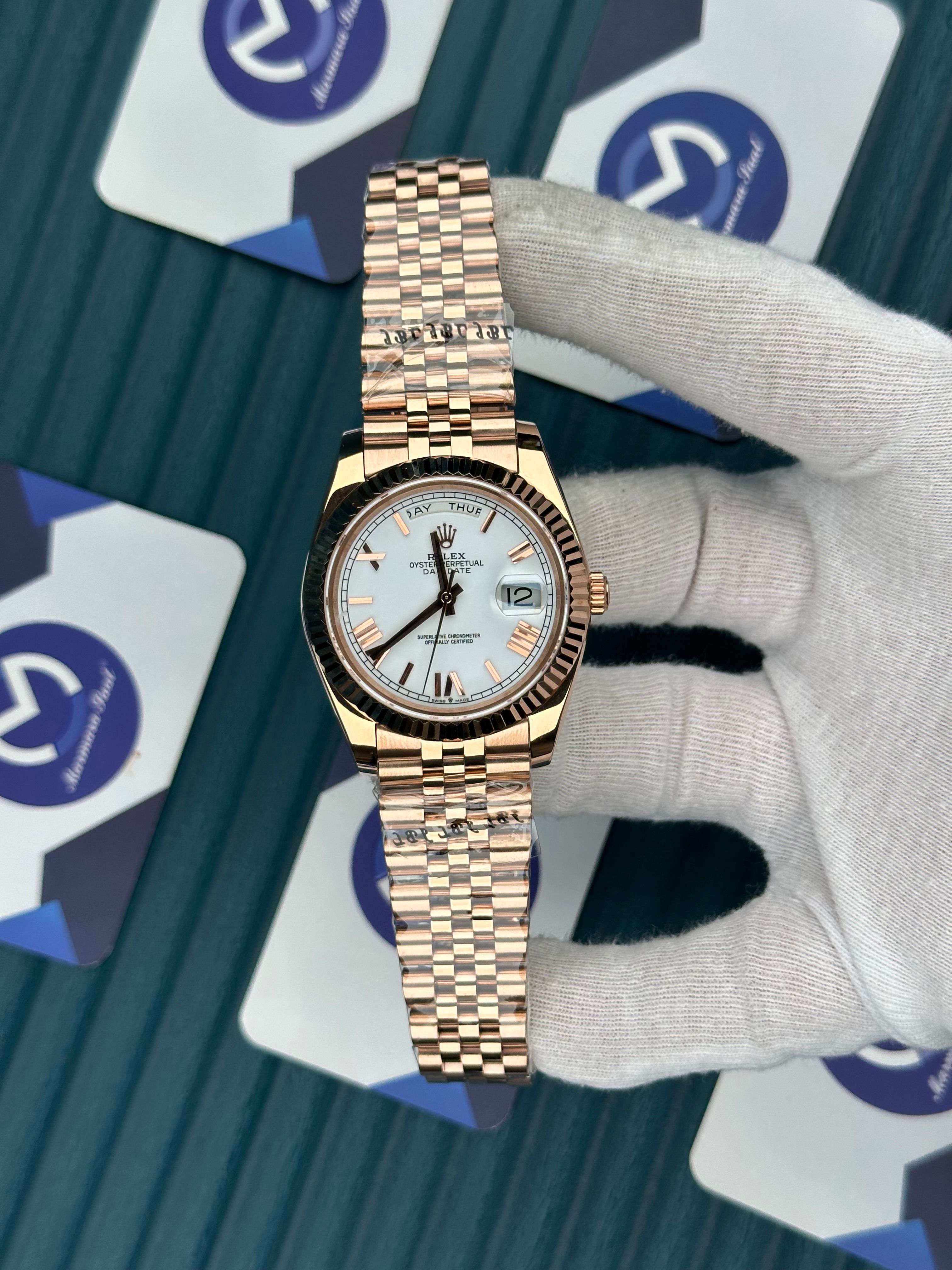 ROLEX DAY-DATE WHITE DIAL ROSE ROMA INDEX ROSE JUBILE