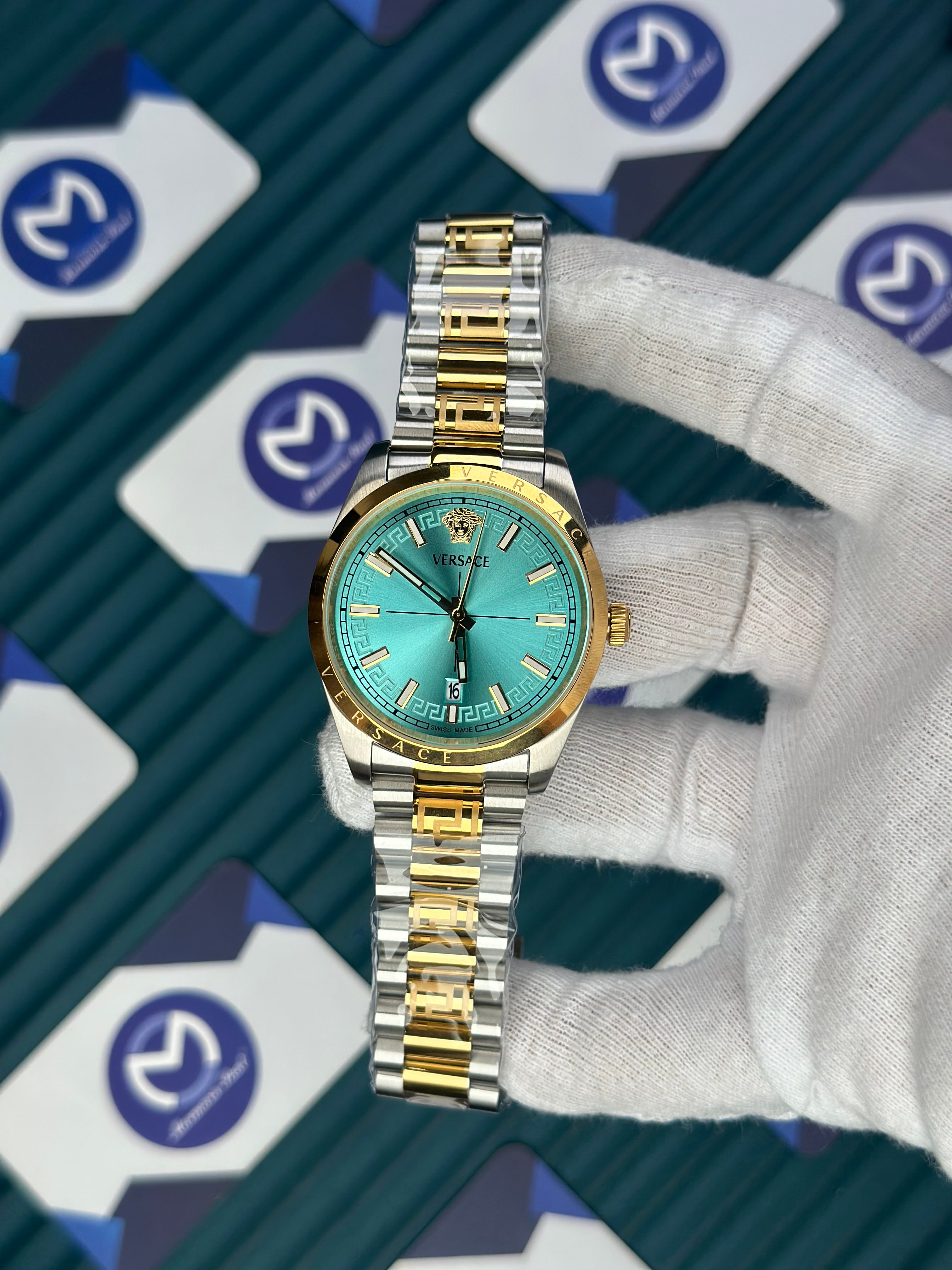 VERSACE NEW TURQUOISE DIAL GOLD-SILVER PRESIDENT