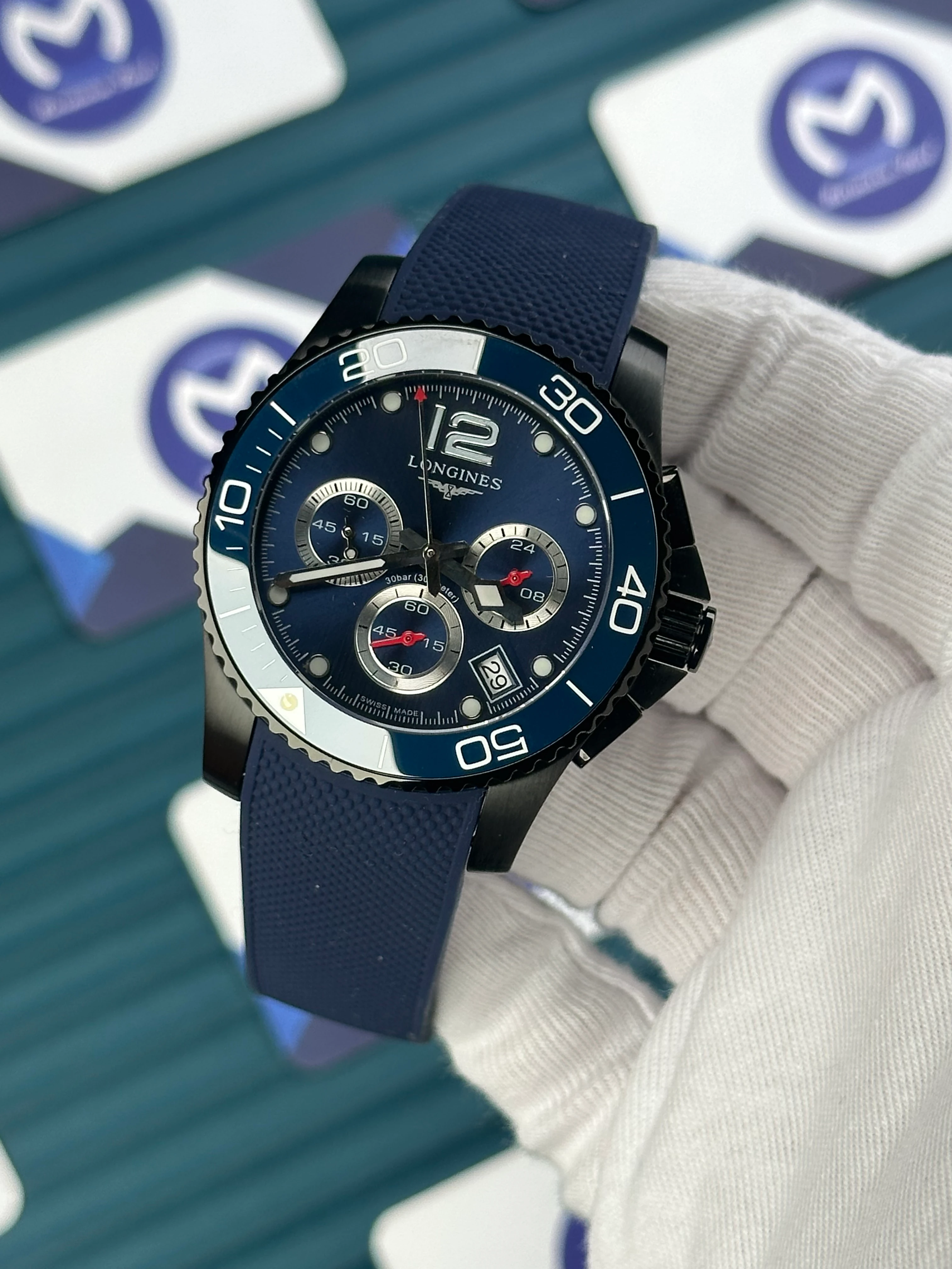 LONGINES HYDROCONQUEST AUTOMATIC BLUE DIAL CHRONOGRAPH BLUE RUBBER CORD