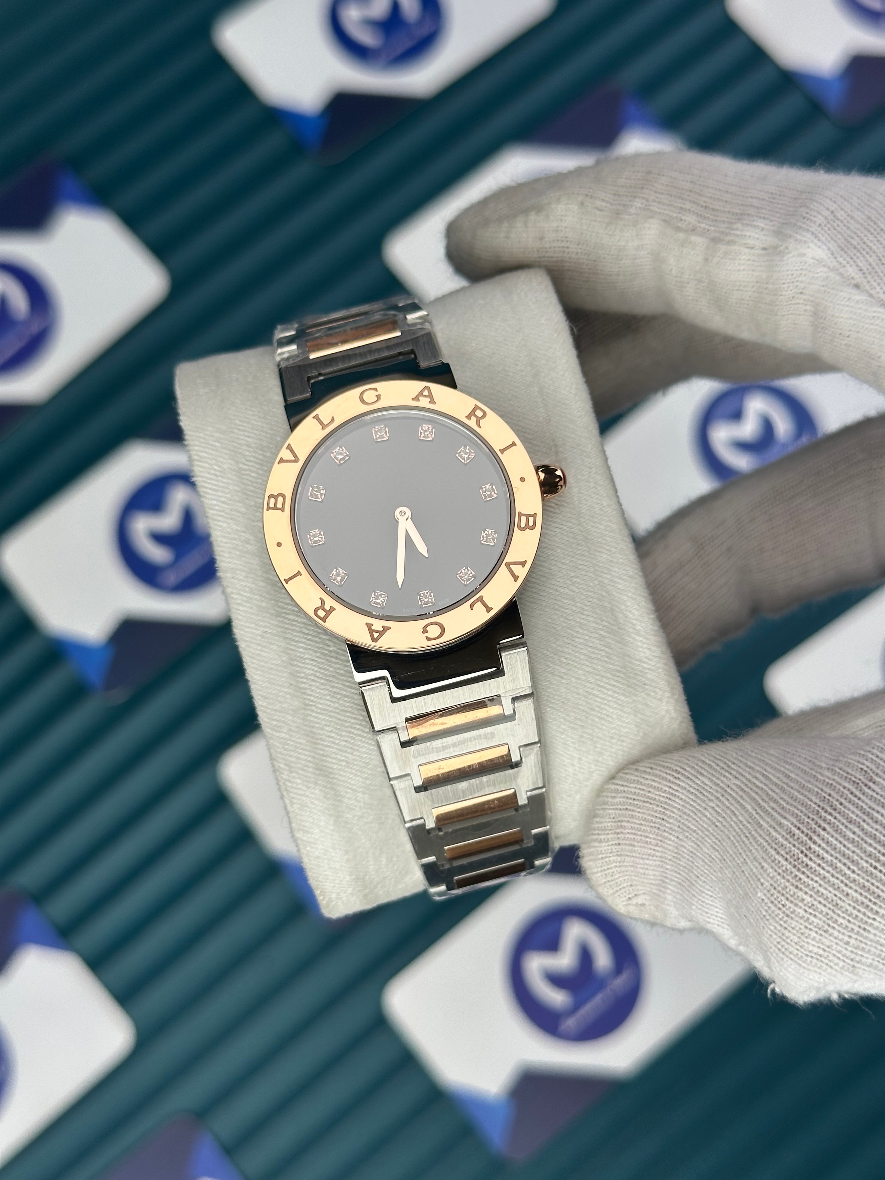 BVLGARI BLACK DIAL GOLD BEZEL DIAMOND INDEX GOLD-SILVER CORD