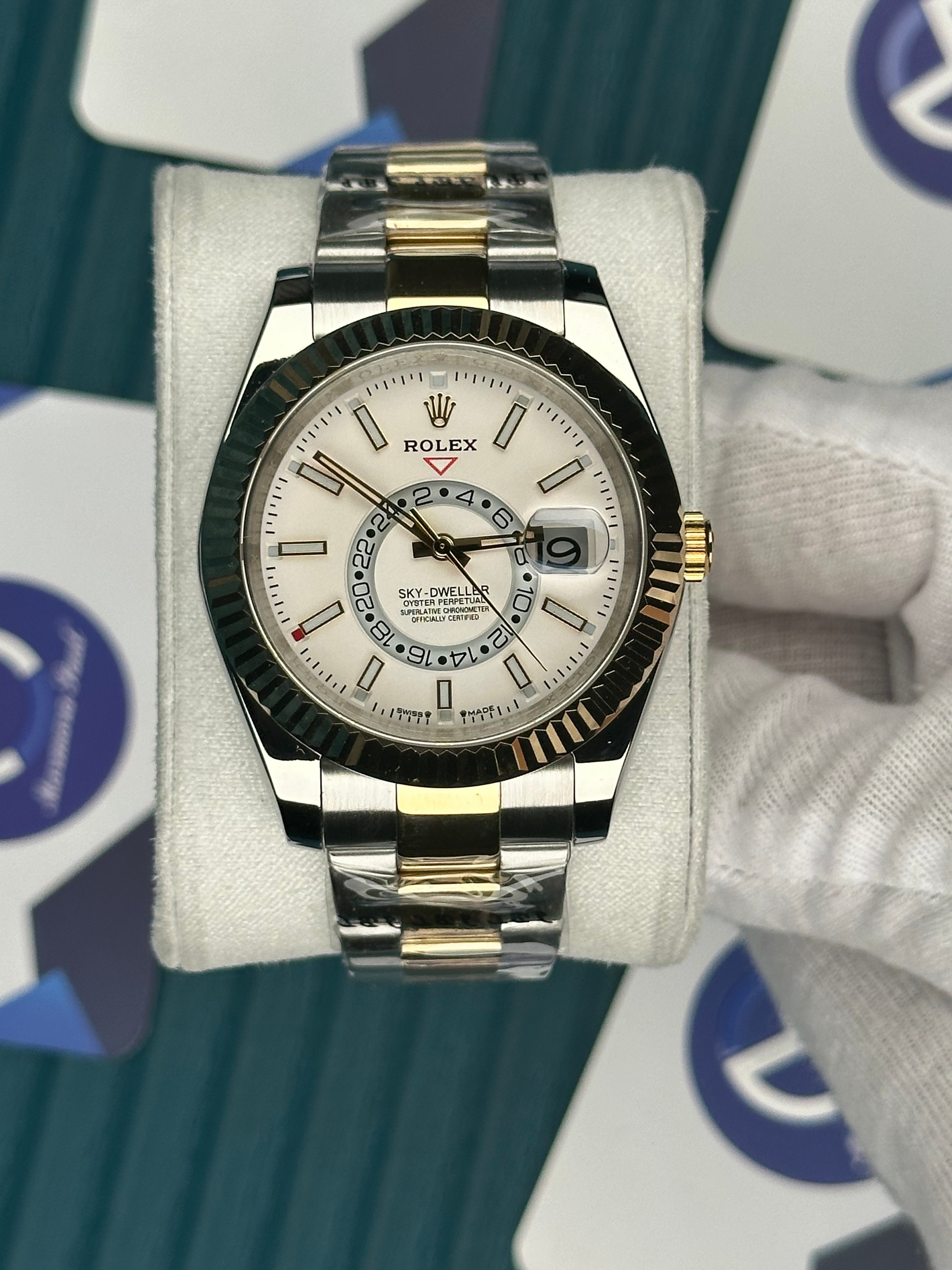 ROLEX SKY-DWELLER WHITE DIAL GOLD-SILVER OYSTER