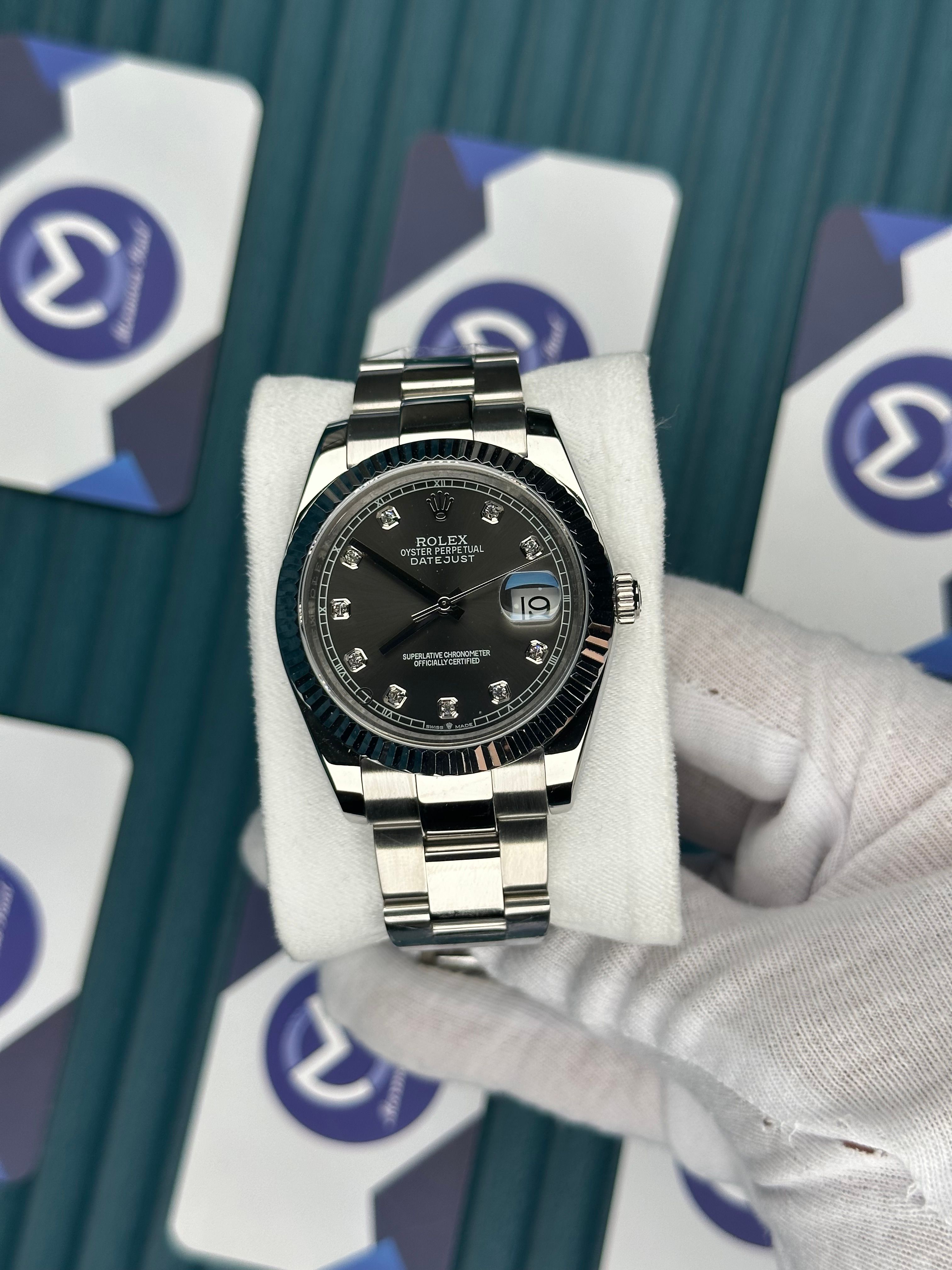 ROLEX DATEJUST GREY DIAL DIAMOND INDEX SILVER OYSTER