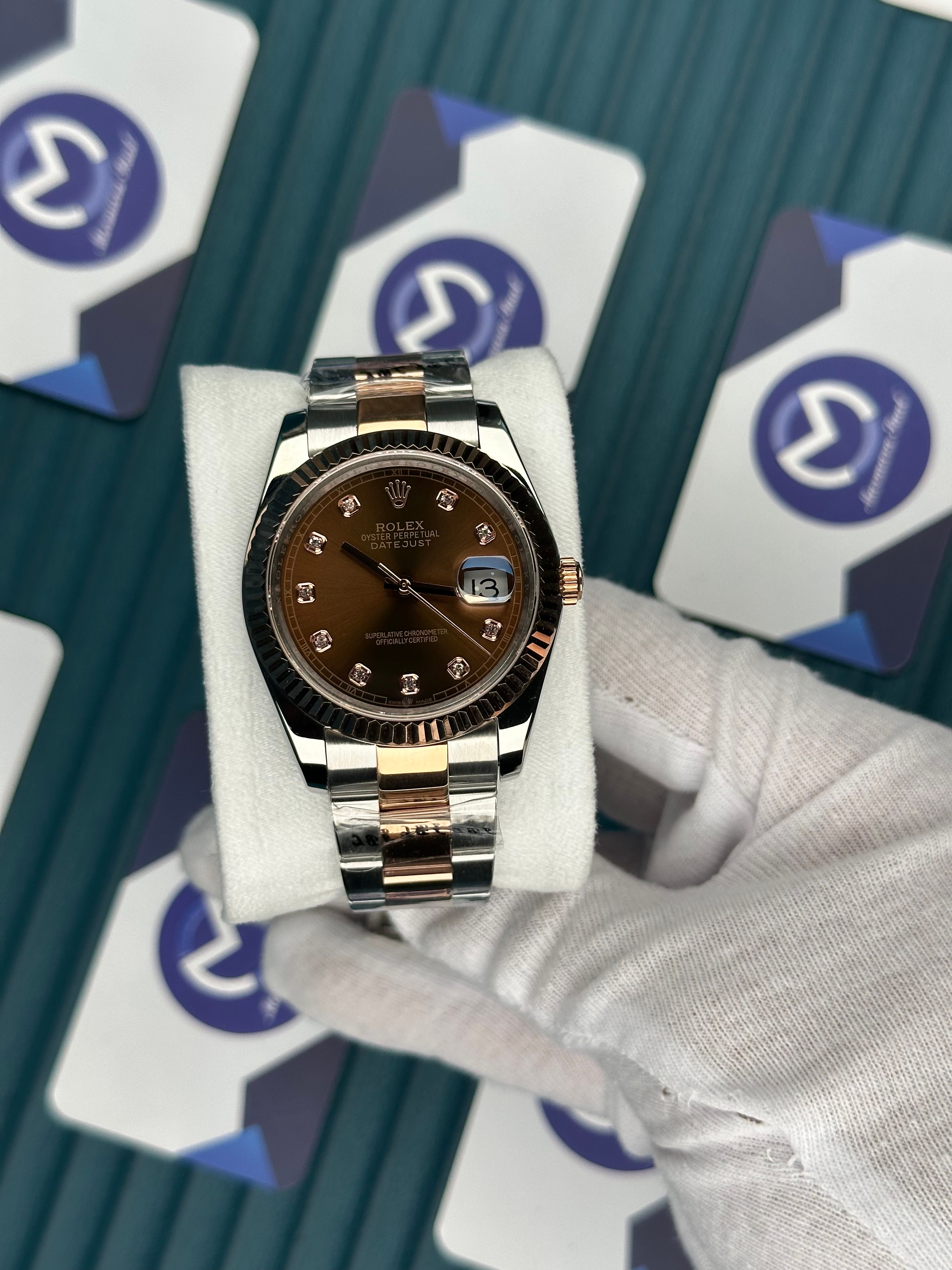 ROLEX DATEJUST CHOCOLATE DIAL DIAMOND INDEX ROSE-SILVER OYSTER