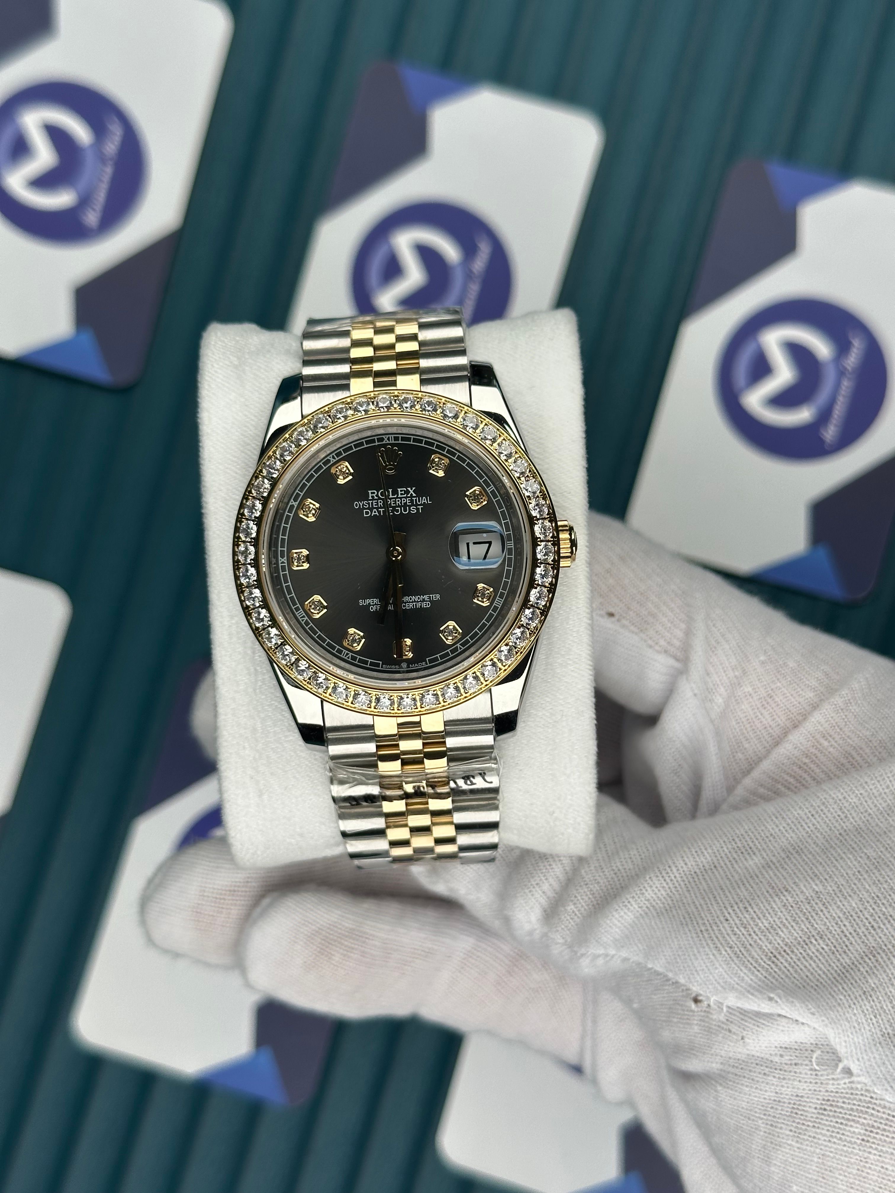 ROLEX DATEJUST GREY DIAL DIAMOND BEZEL GOLD-SILVER JUBILE