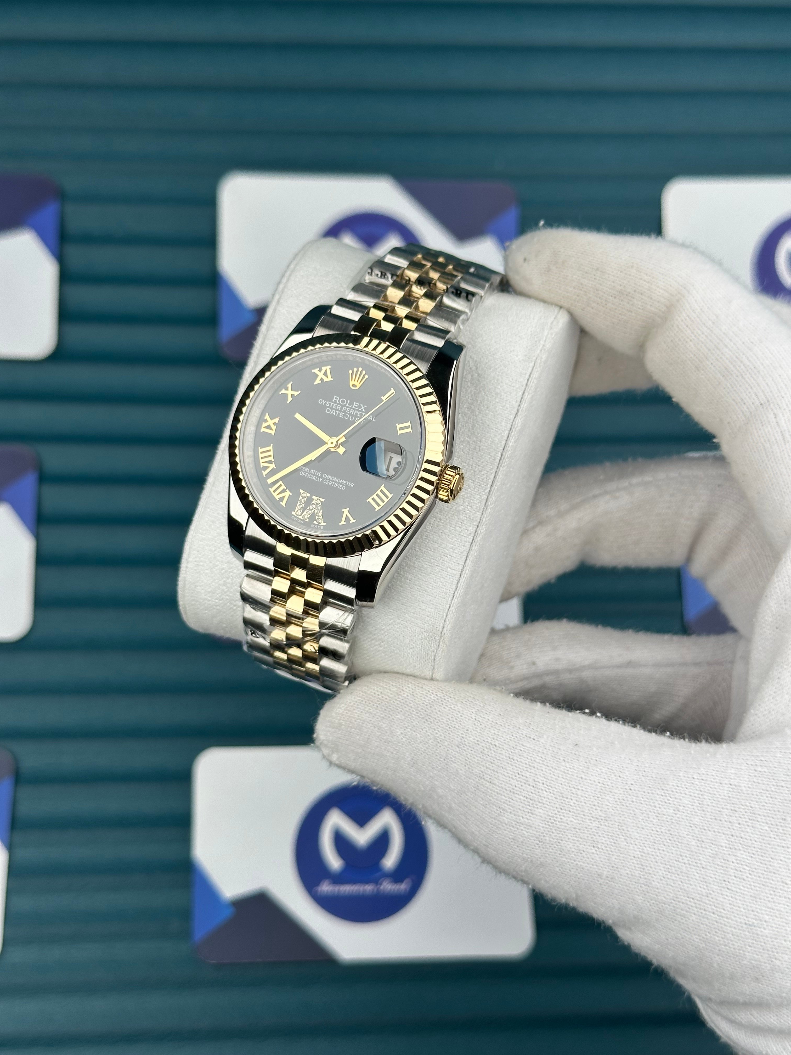ROLEX 36 ROMA RAKAMLI PIRLANTALI SİYAH KADRAN GOLD-SILVER JUBILEE