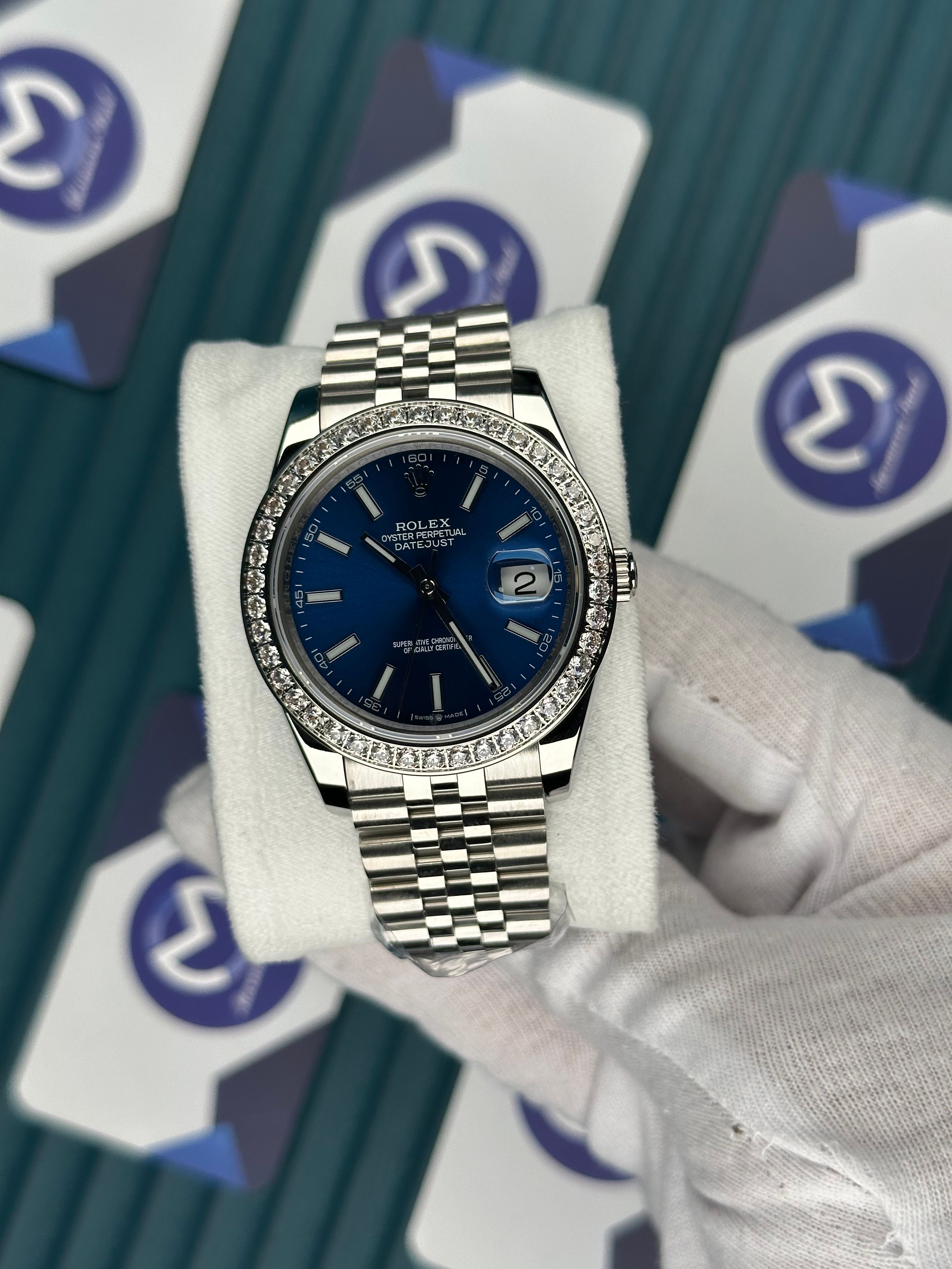 ROLEX DATEJUST BLUE DIAL DIAMOND BEZEL SILVER JUBILE