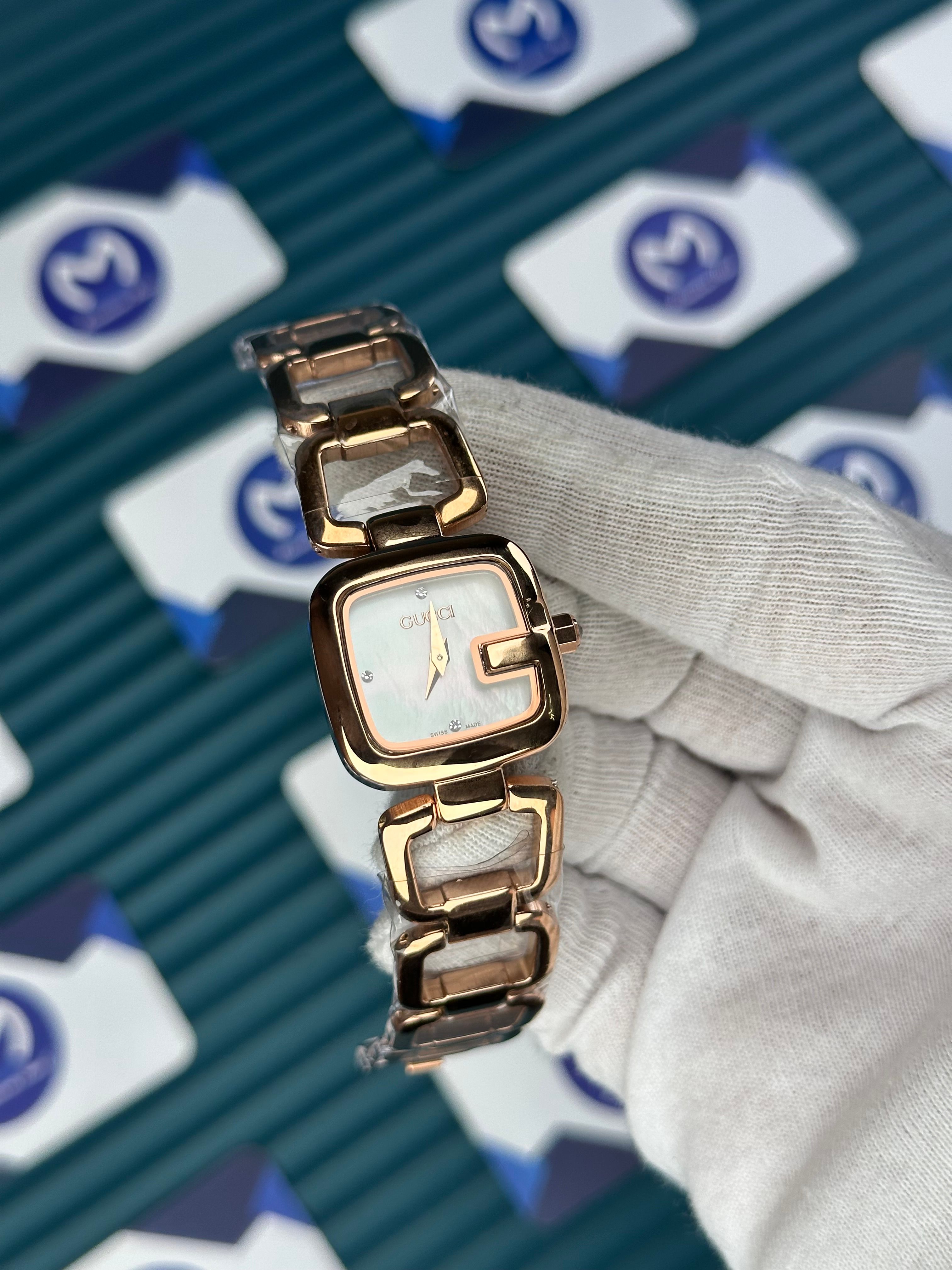 GUCCI WOMAN RING BRACELET WHITE DIAL DIAMOND INDEX ROSE CORD
