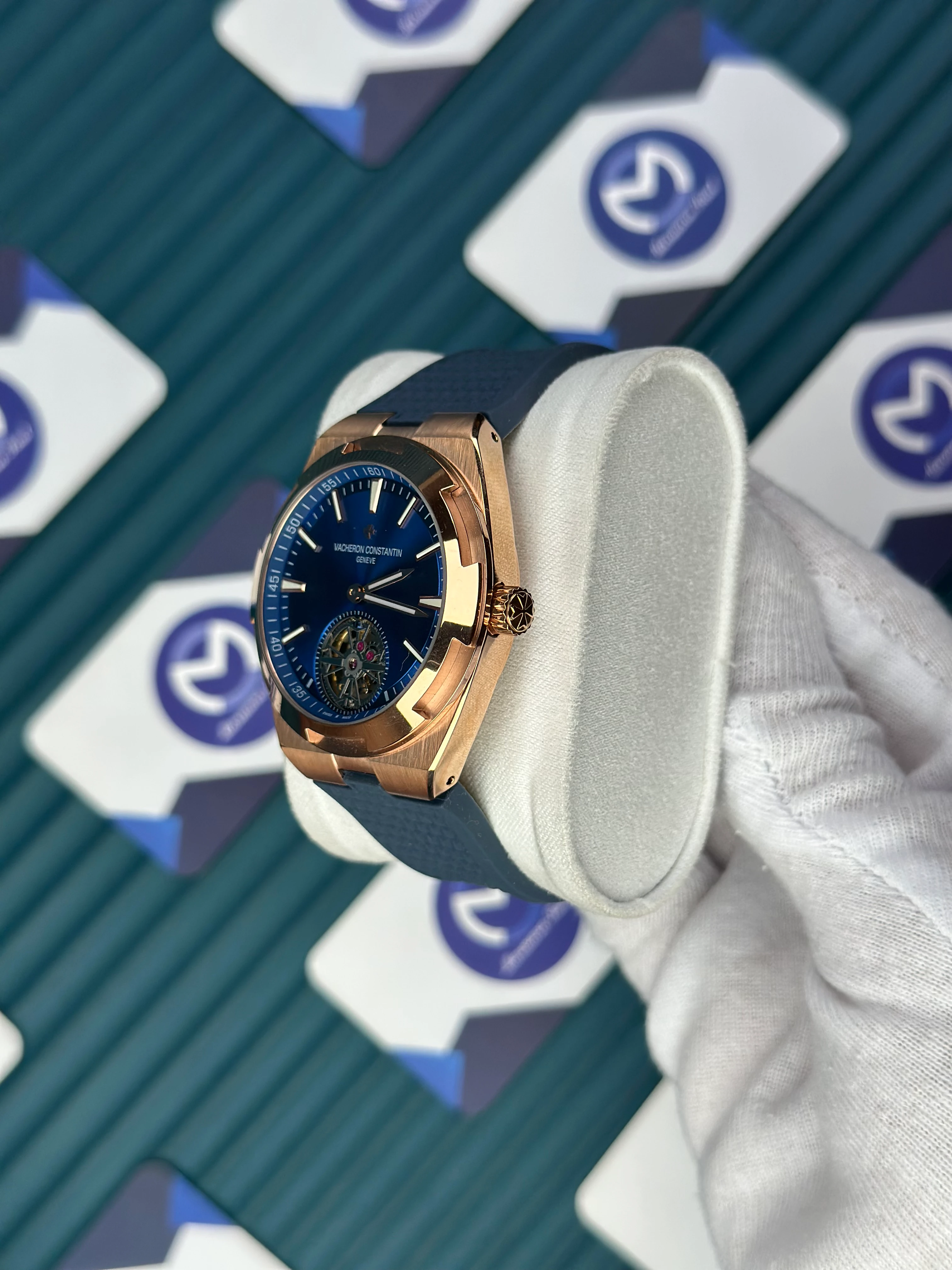 VACHERON CONSTANTIN BLUE DIAL ROSE CASE TOURBILLON OVERSEAS NAVY BLUE RUBBER