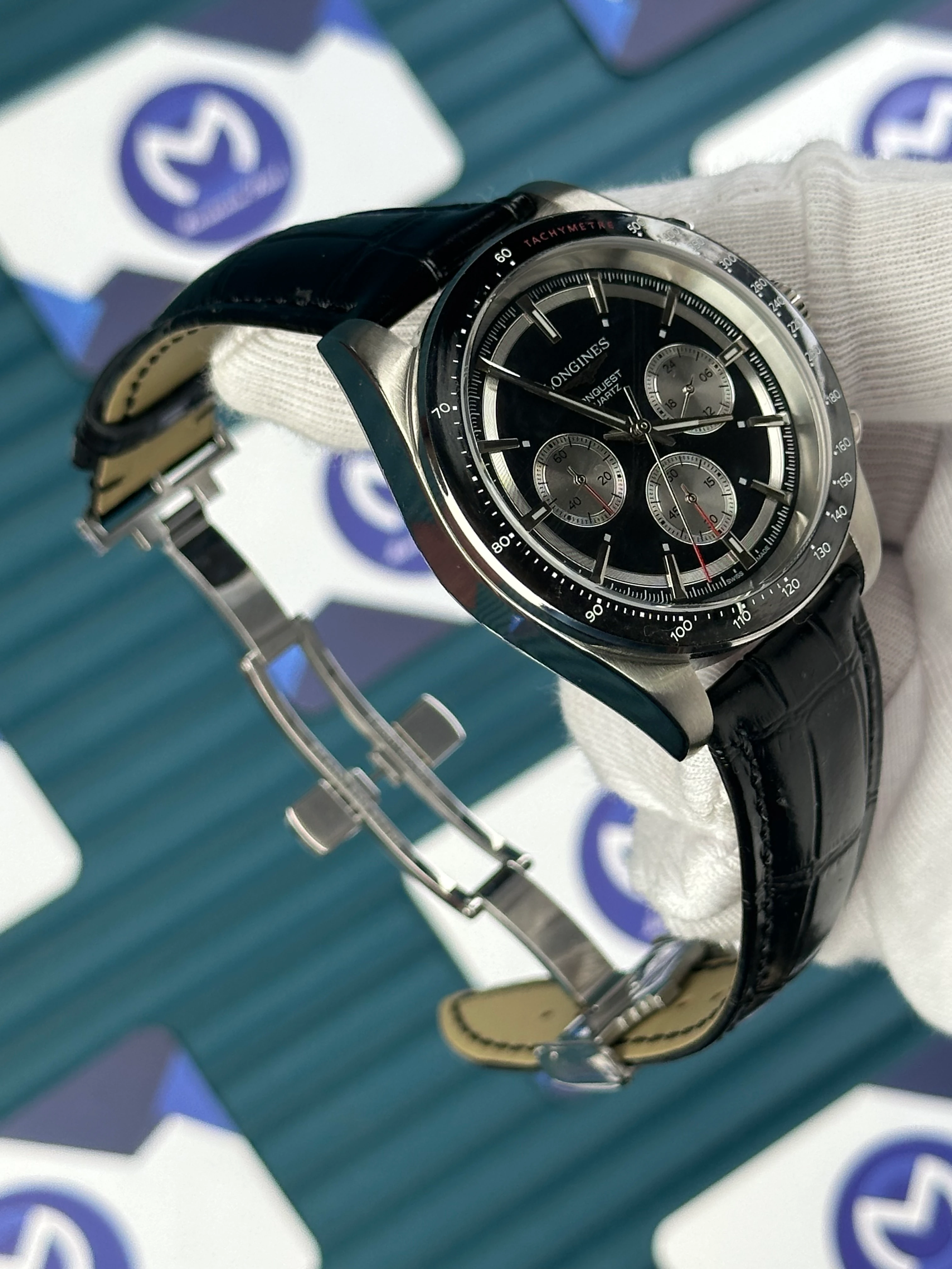 LONGINES CONQUEST AUTOMATIC LIMITED EDITION BLACK DIAL WHITE CHRONOGRAPH BLACK LEATHER 