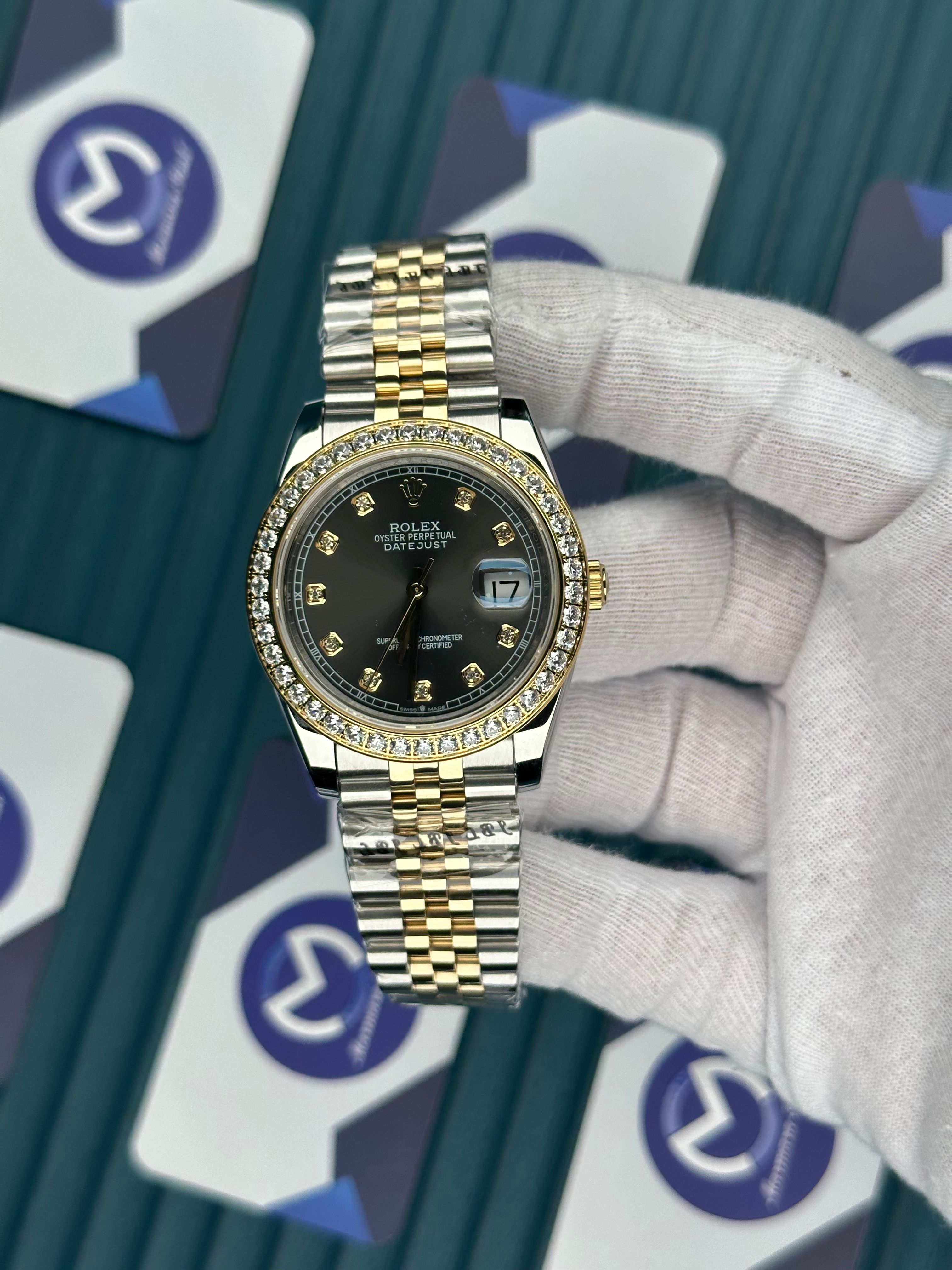 ROLEX DATEJUST GREY DIAL DIAMOND BEZEL GOLD-SILVER JUBILE