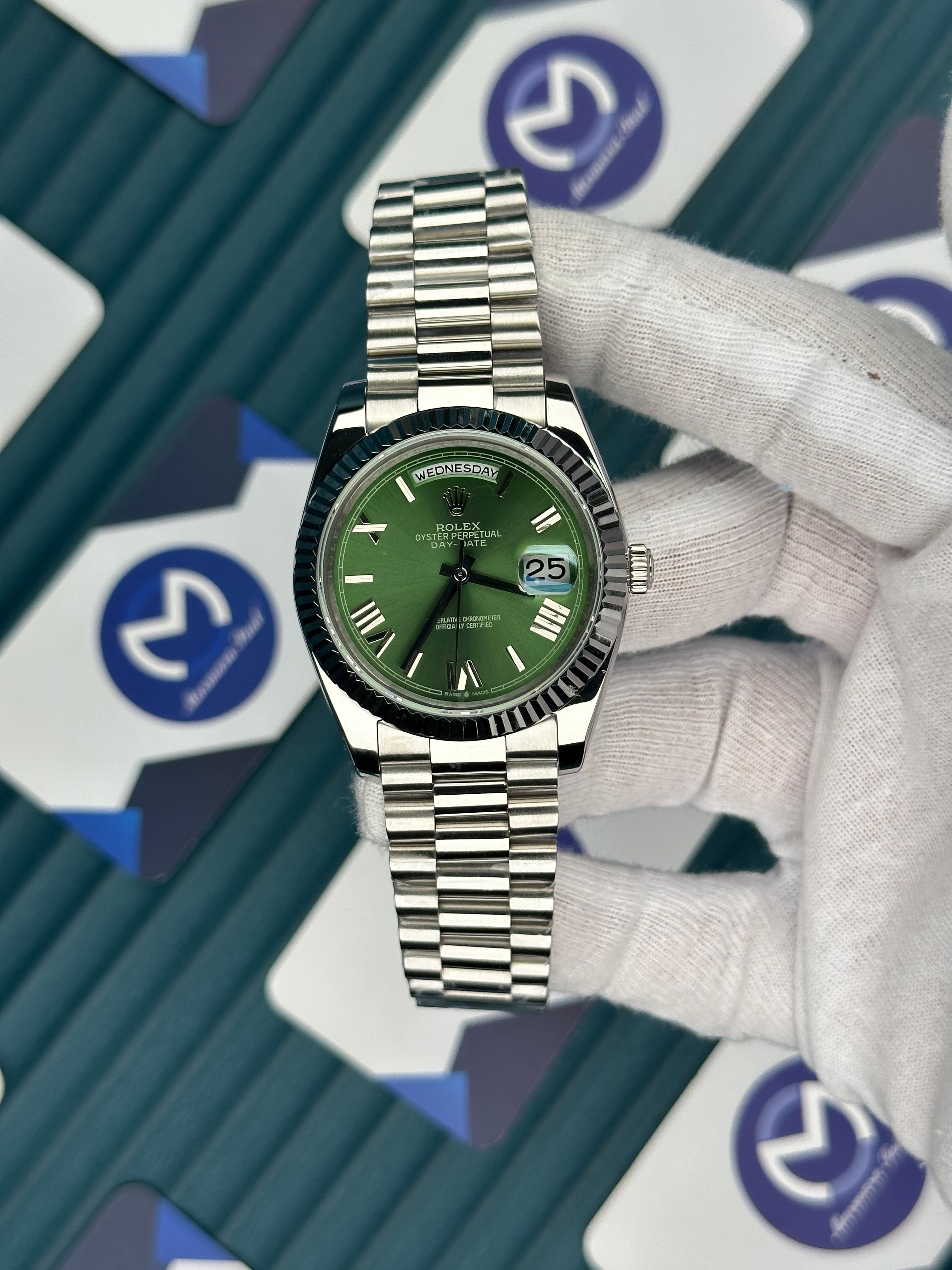 ROLEX DAY-DATE GREEN DIAL ROMA INDEX SILVER PRESIDENT