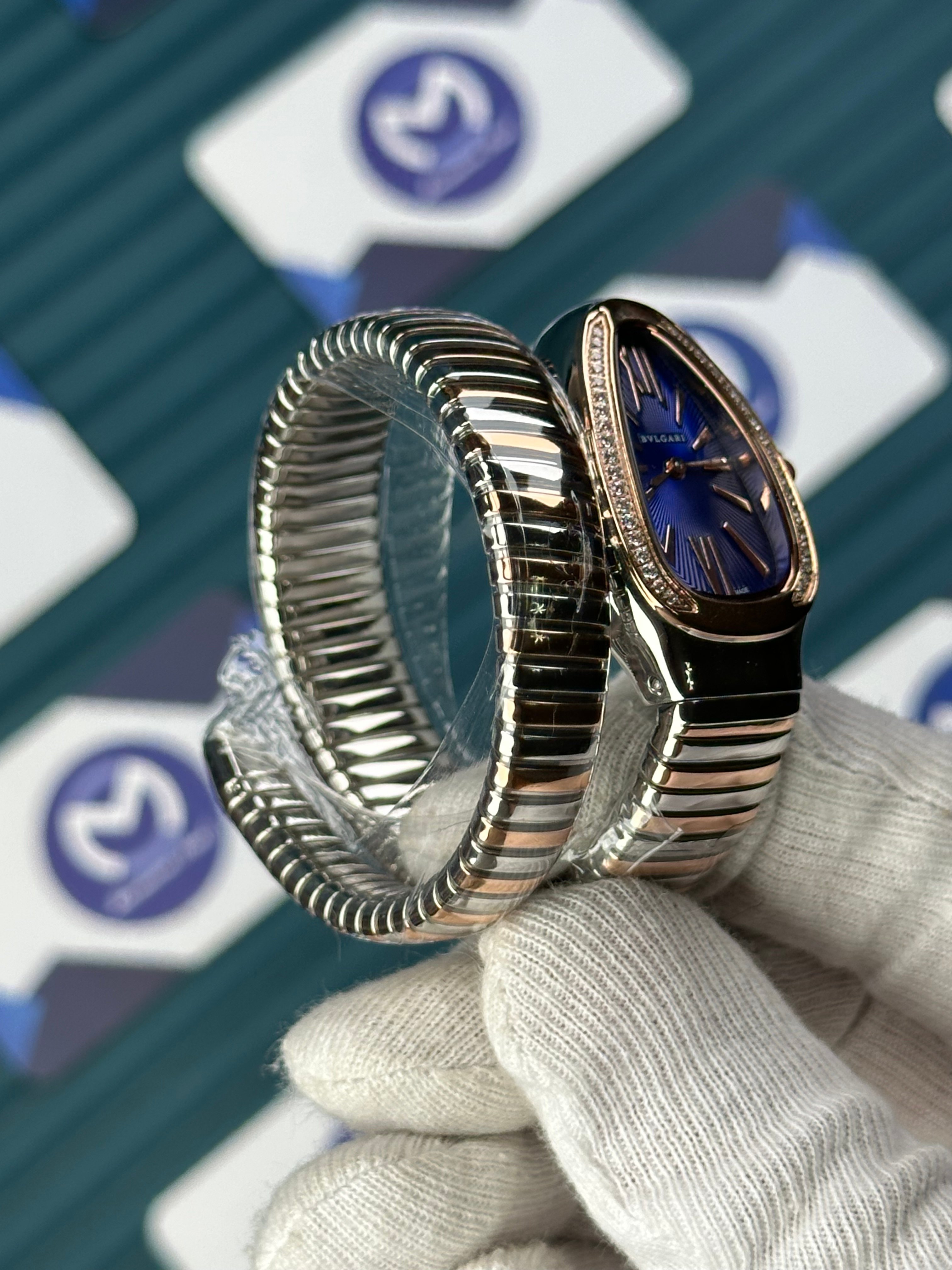 BVLGARI SERPENTI BLUE DIAL DIAMOND BEZEL ROSE-SILVER SHORT TUBOGAS