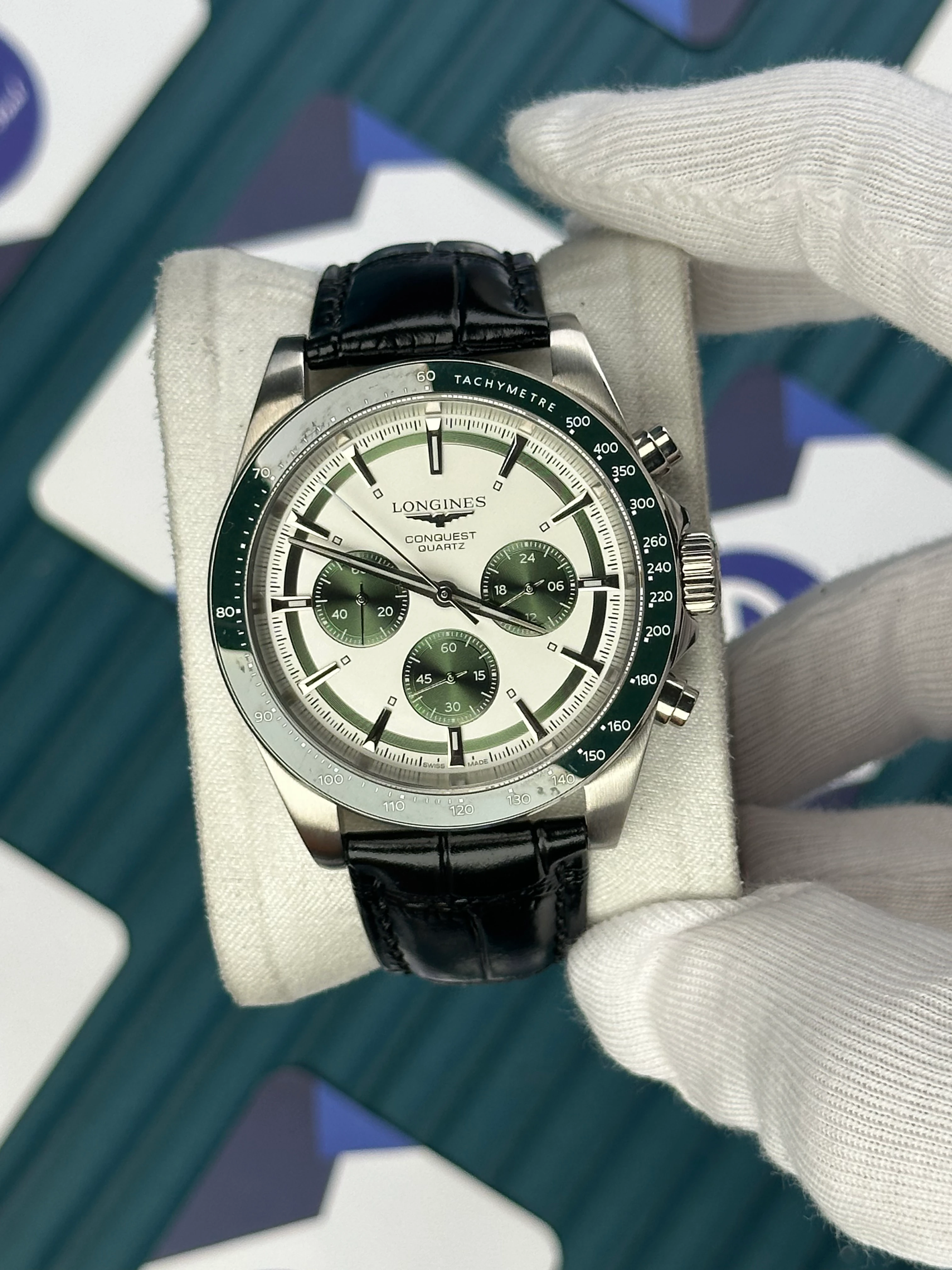 LONGINES CONQUEST AUTOMATIC WHITE DIAL GREEN CHRONOGRAPH BLACK LEATHER 