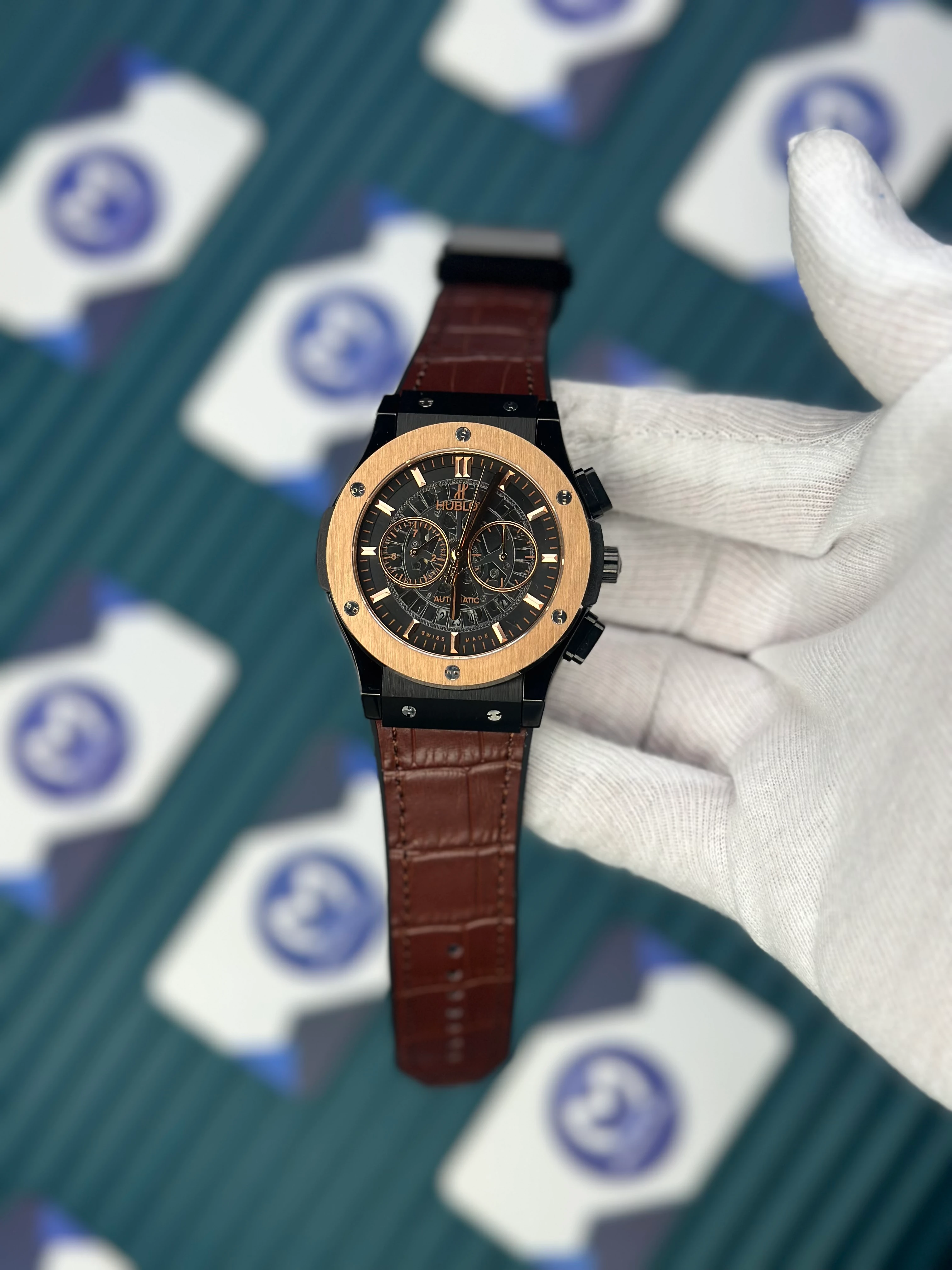 HUBLOT AUTOMATIC CHRONOGRAP SKELETON ROSE BEZEL BLACK CASE BROWN LEATHER CORD