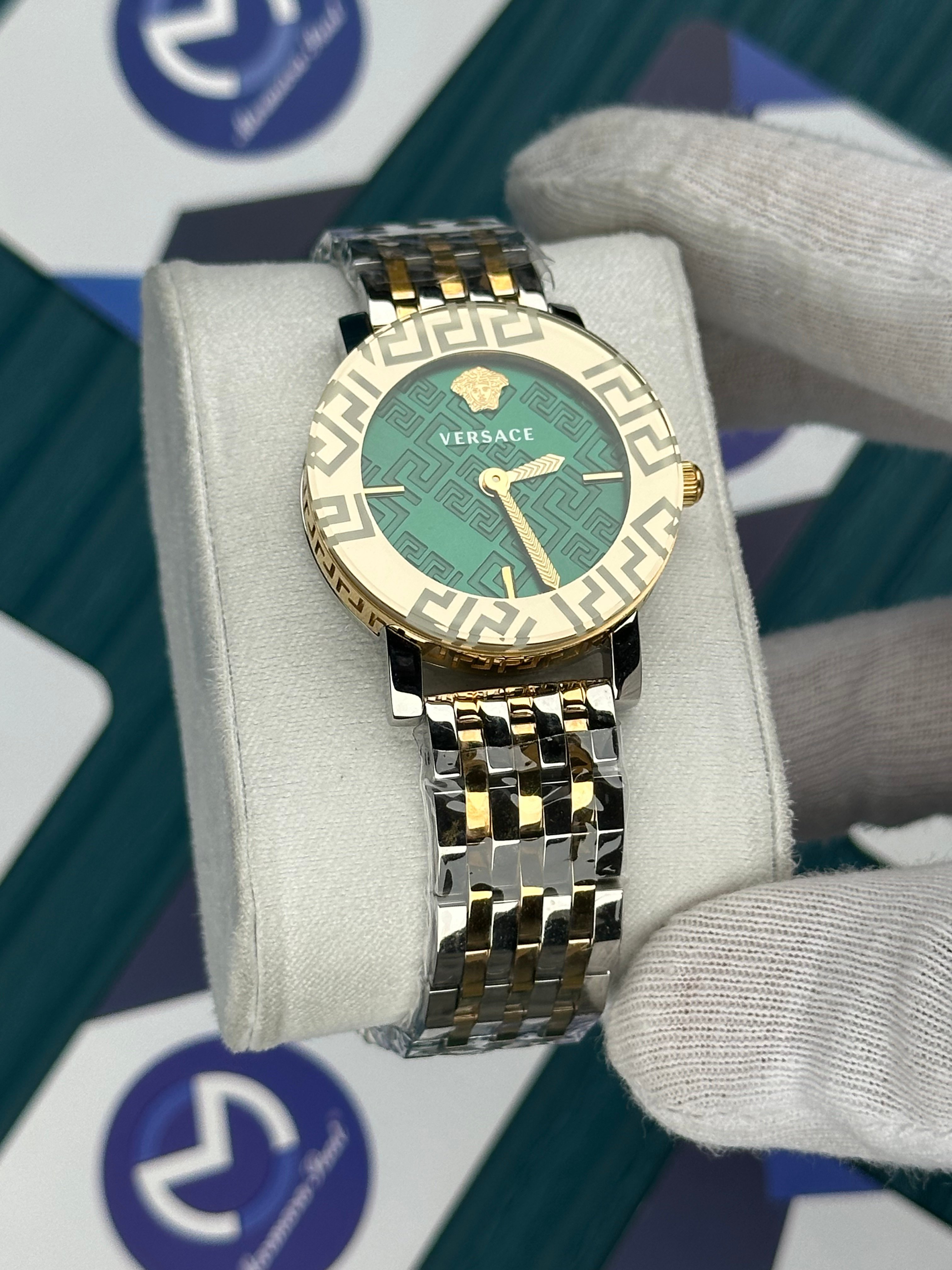 VERSACE DESENLİ AYNALI BEZEL YEŞİL KARDAN GOLD SILVER KORDON