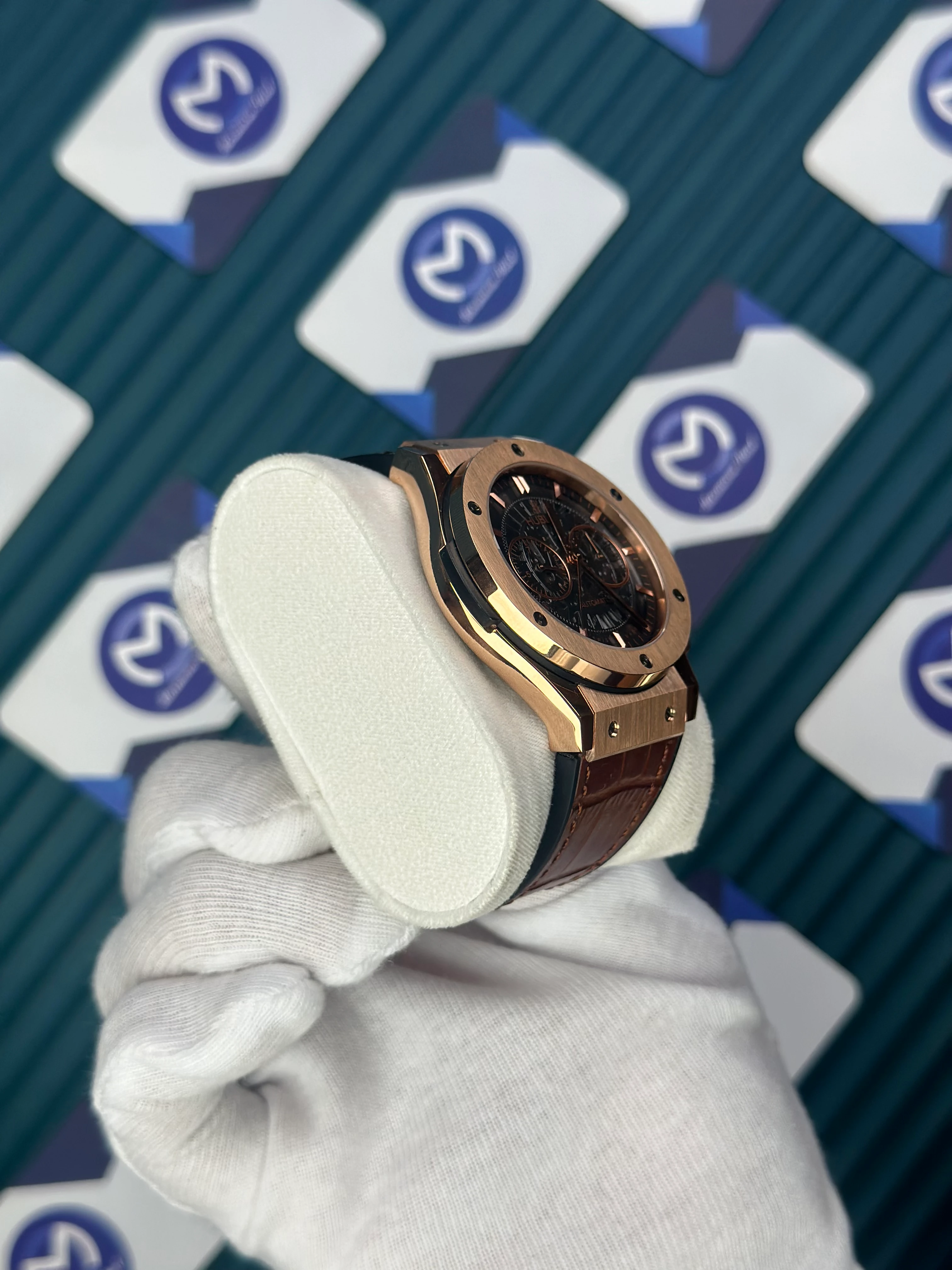 HUBLOT AUTOMATIC SKELETON FUSHION VENDOME ROSE CASE LEATHER BROWN CORD 