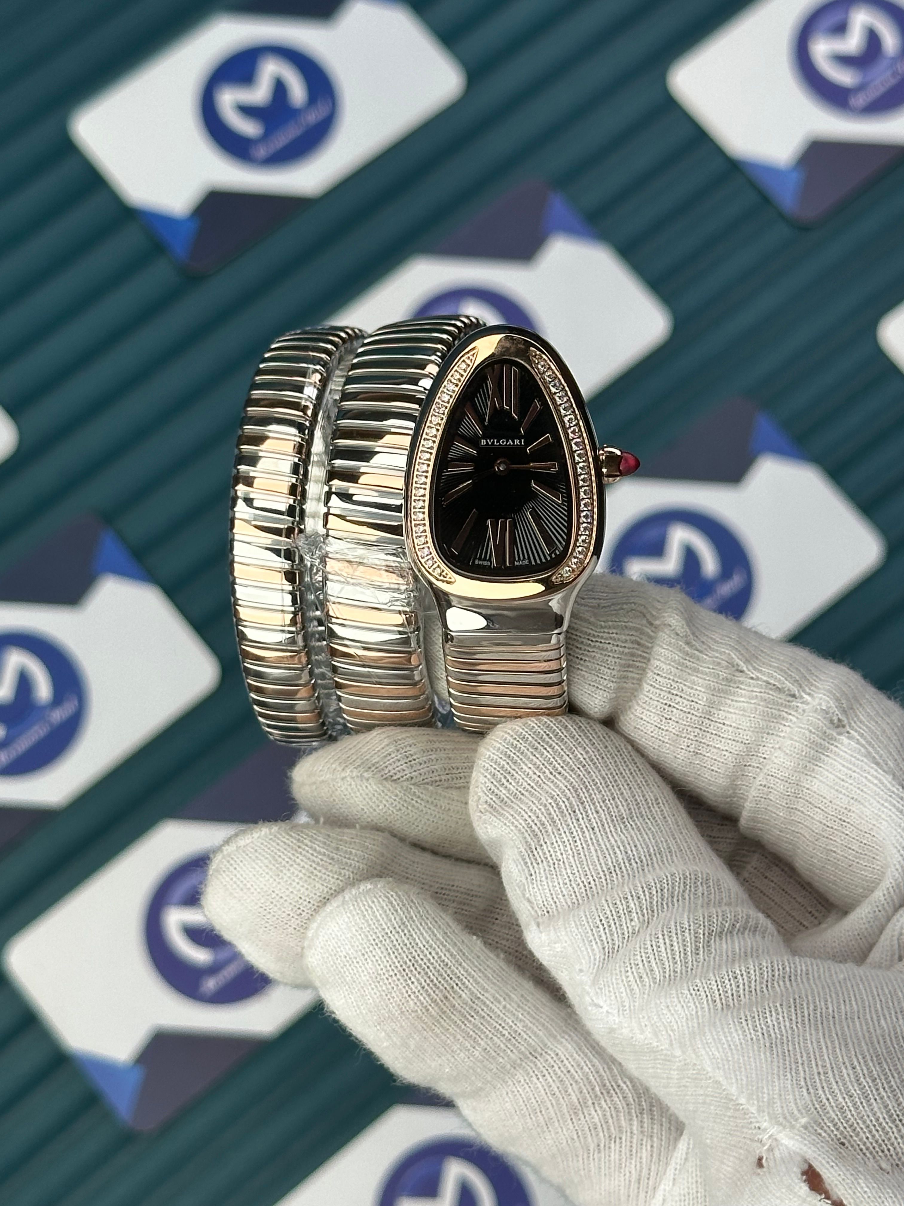 BVLGARI SERPENTI BLACK DIAL DIAMOND BEZEL ROSE-SILVER TUBOGAS