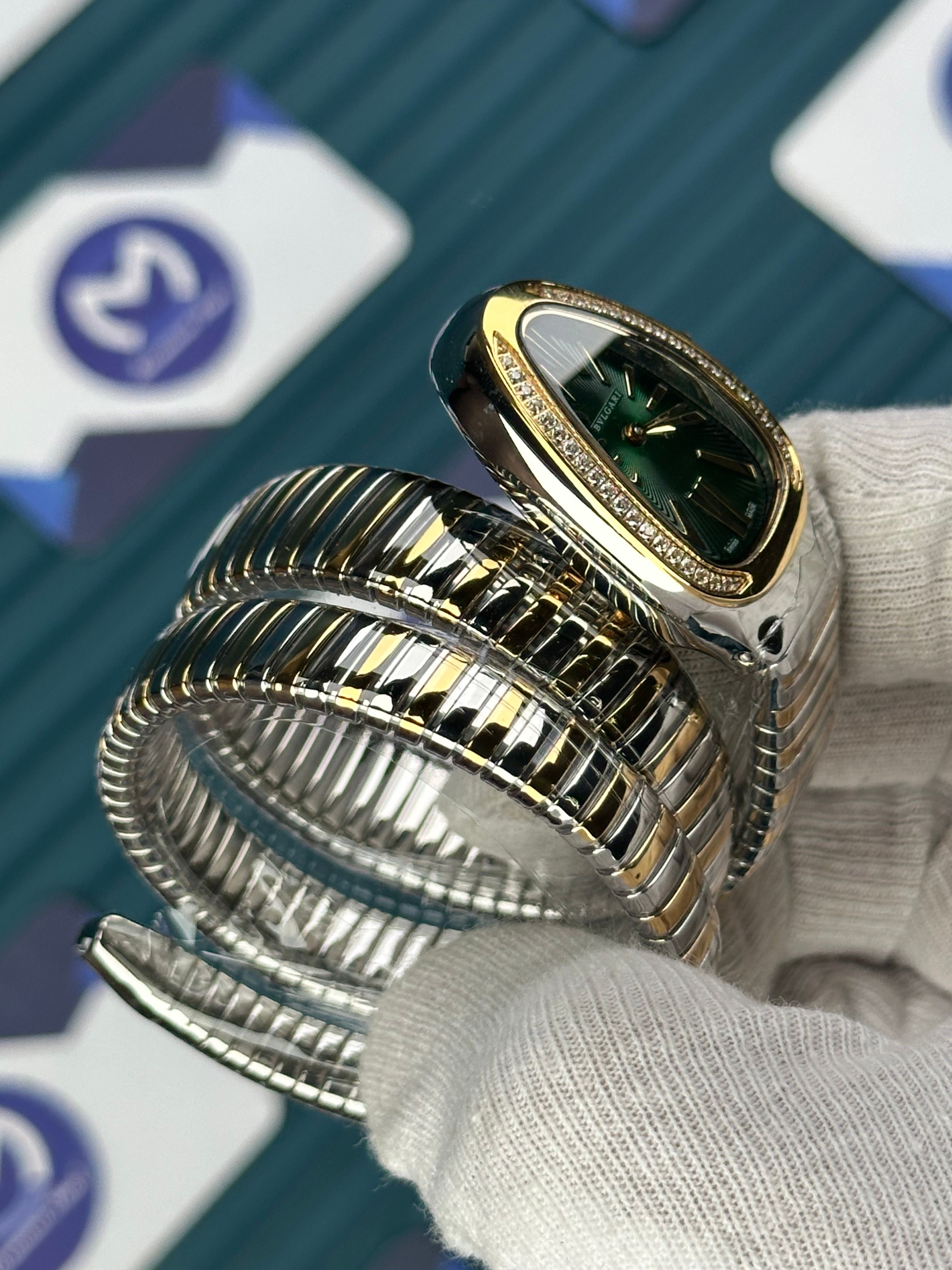 BVLGARI SERPENTI GREEN DIAL DIAMOND BEZEL GOLD-SILVER LONG TUBOGAS