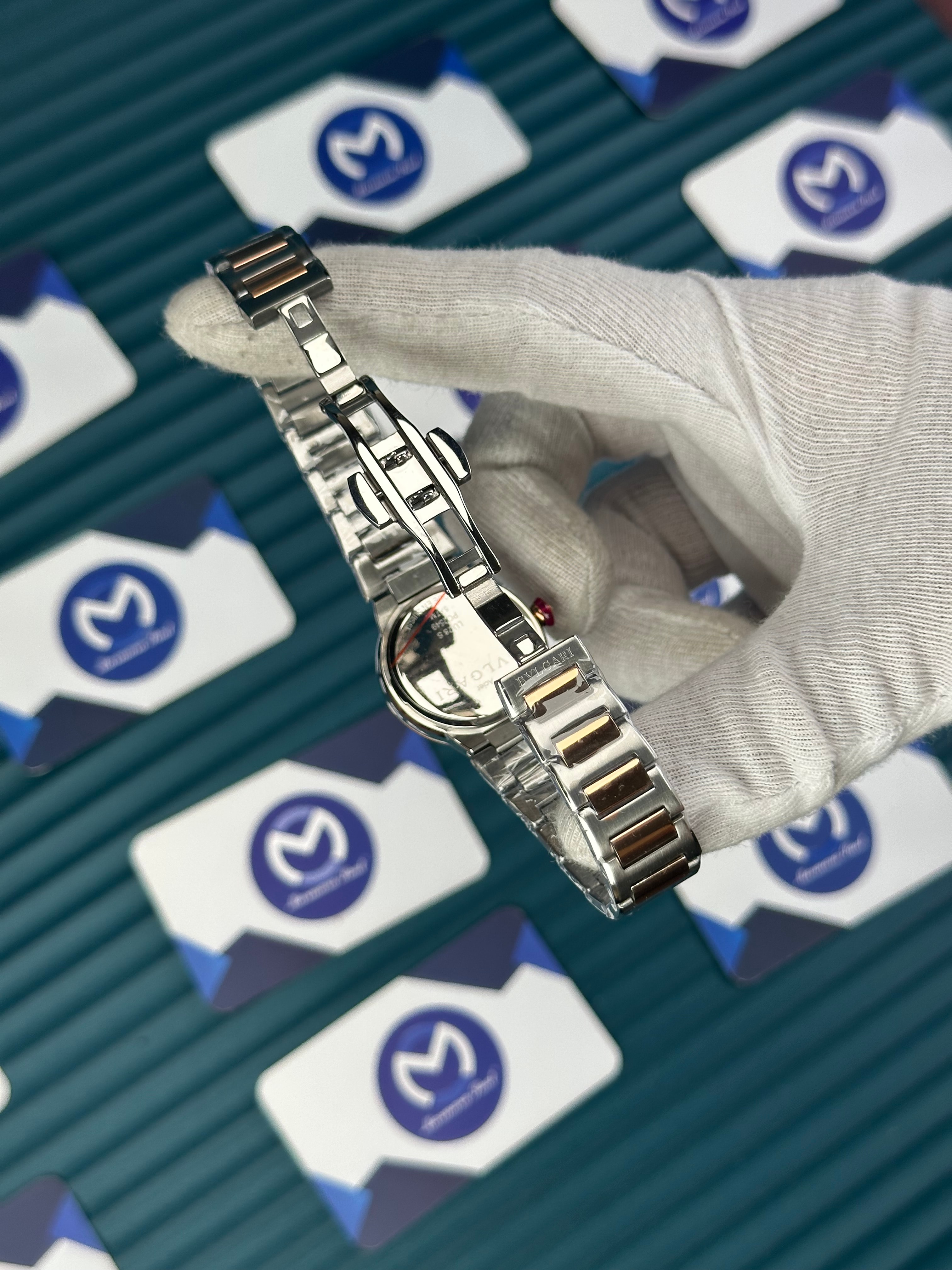 BVLGARI GREEN PATTERNED DIAL DIAMOND INDEX ROSE BEZEL ROSE-SILVER BRACELET