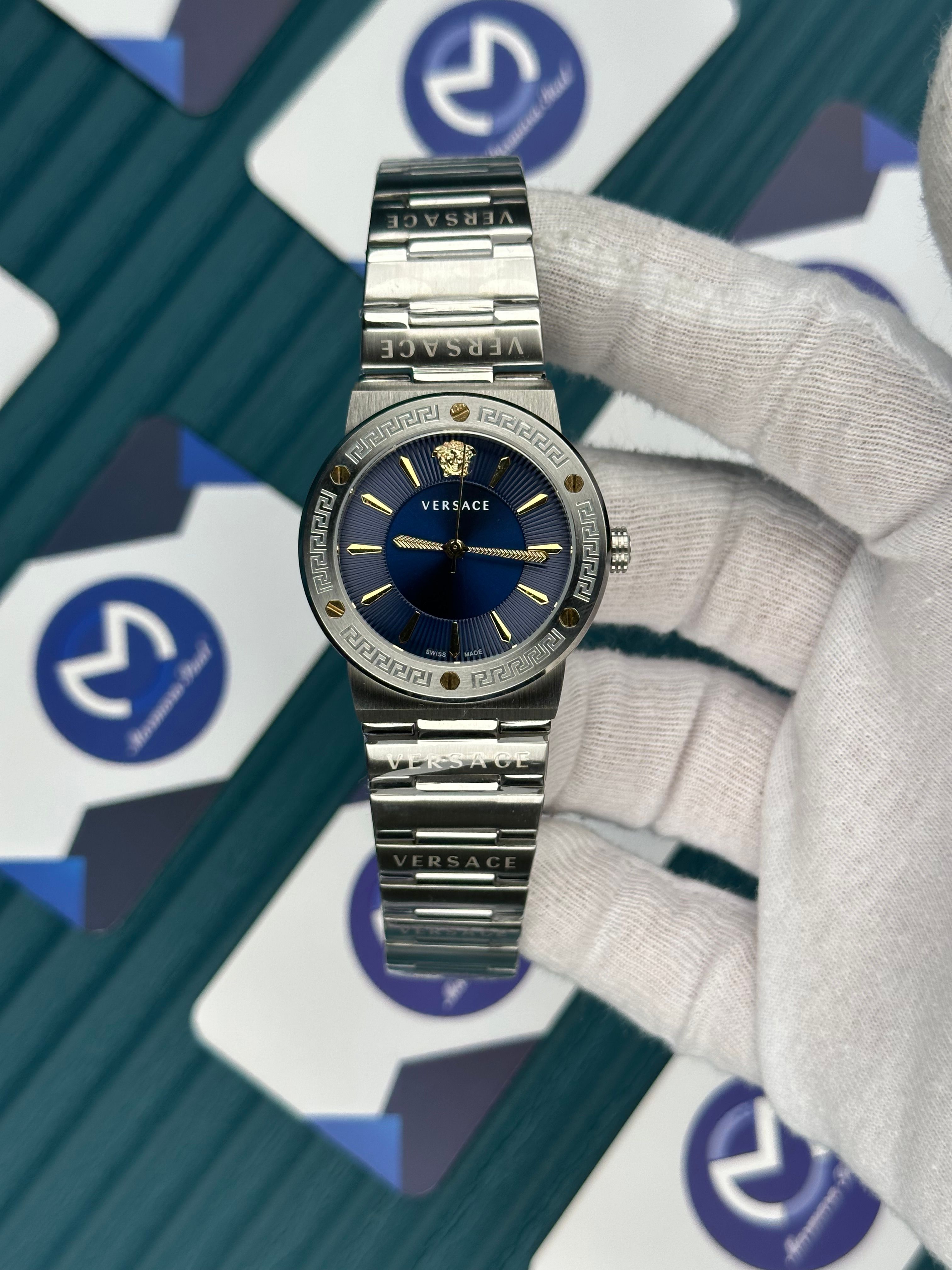 VERSACE 36 BLUE DIAL GOLD INDEX SILVER CORD