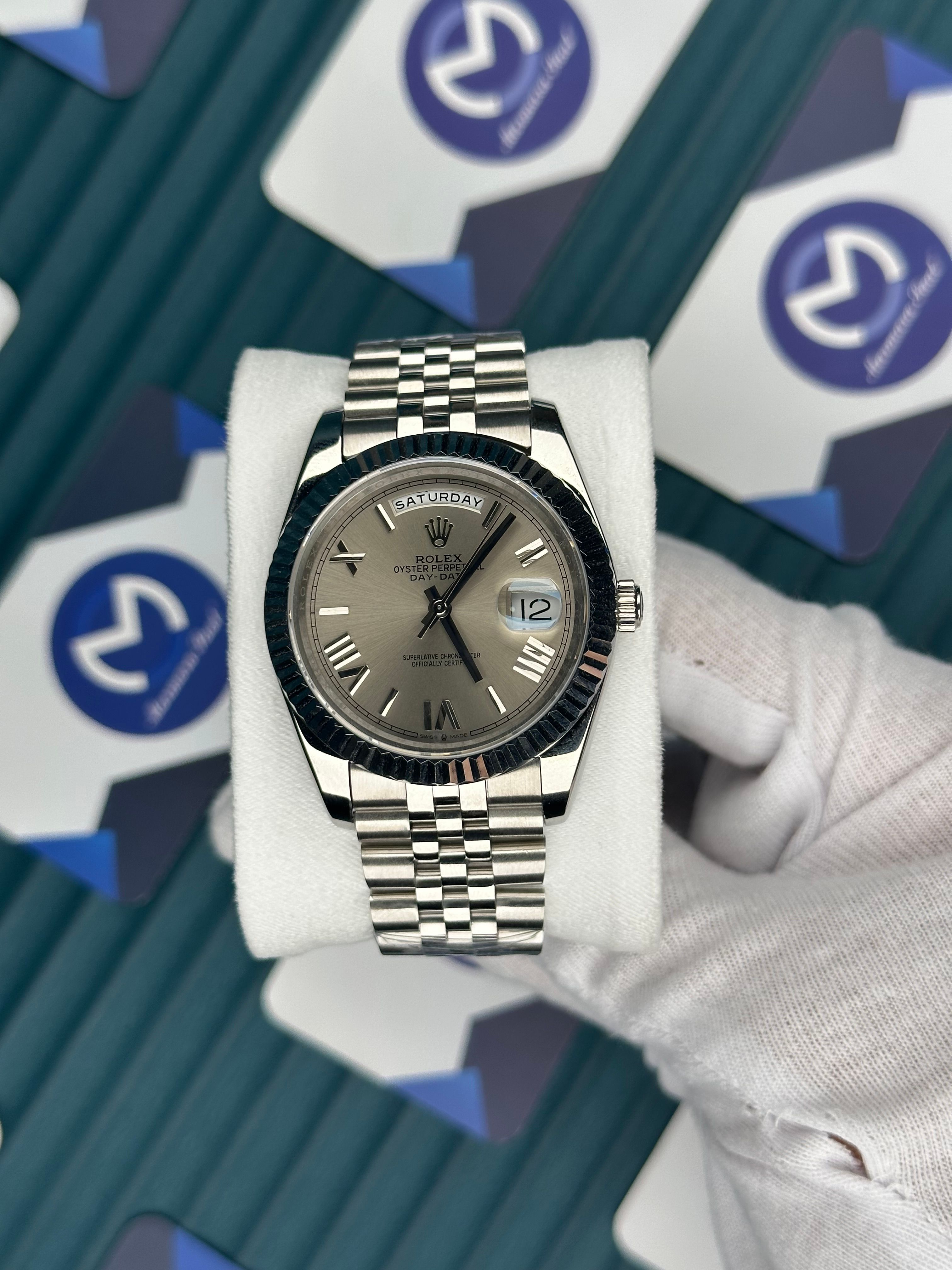 ROLEX DAY-DATE GREY DIAL ROMA INDEX SILVER JUBILE