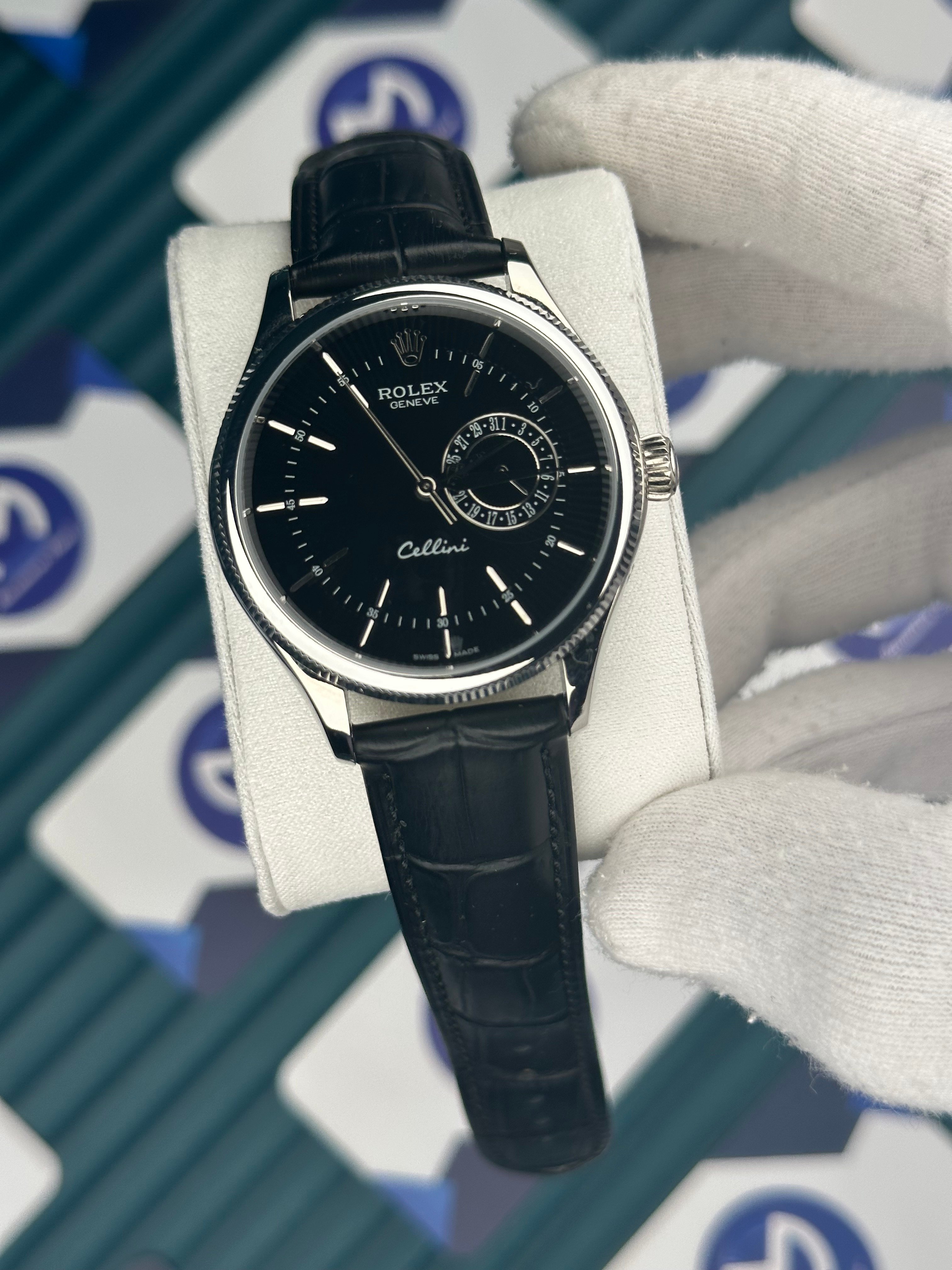 Rolex Cellini Gümüş Kasa Fonskiyonlu Siyah Deri Kordon