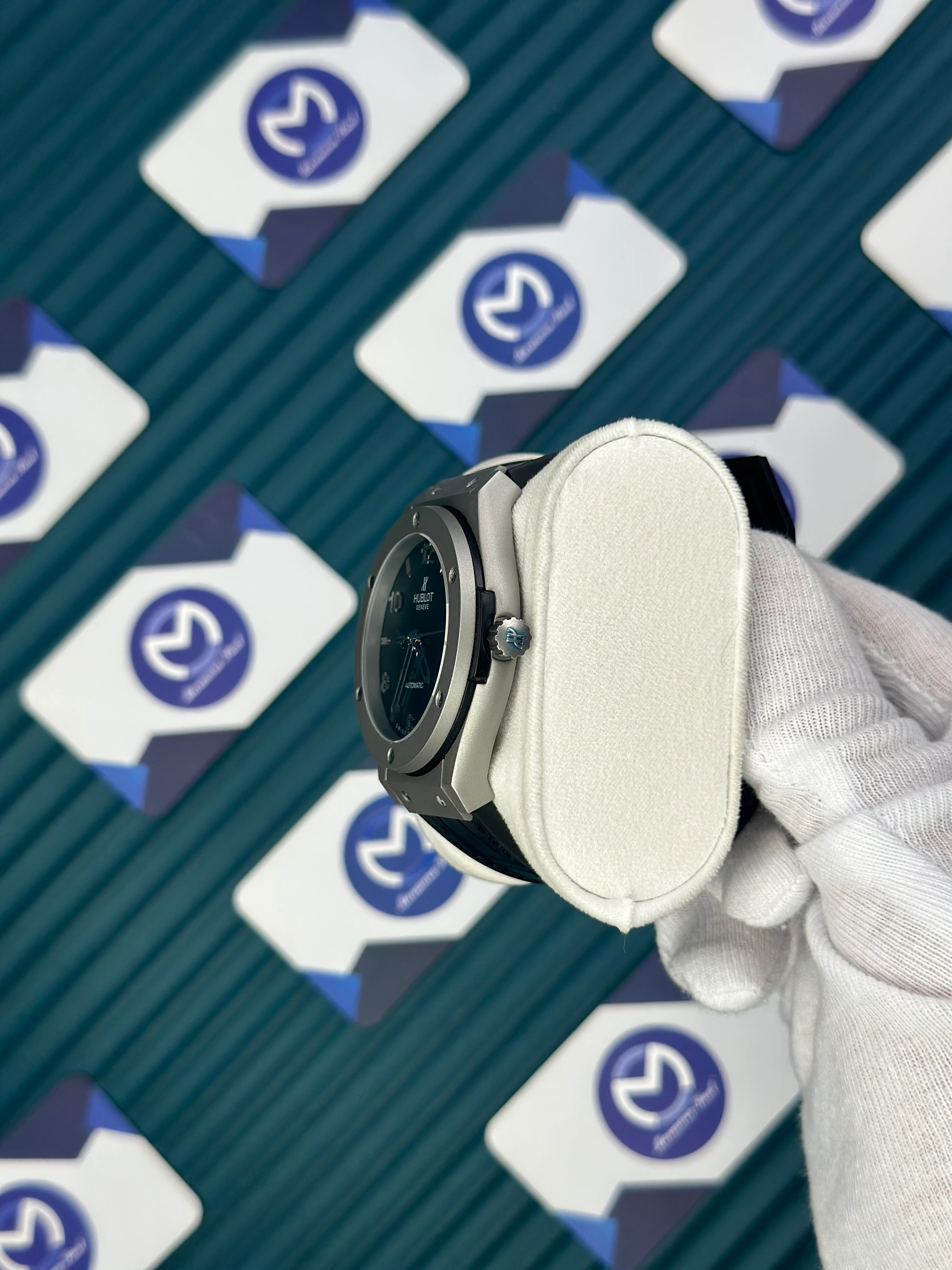 HUBLOT GENEVE AUTOMATIC BLACK DIAL GREY CASE BLACK LEATHER CORD 