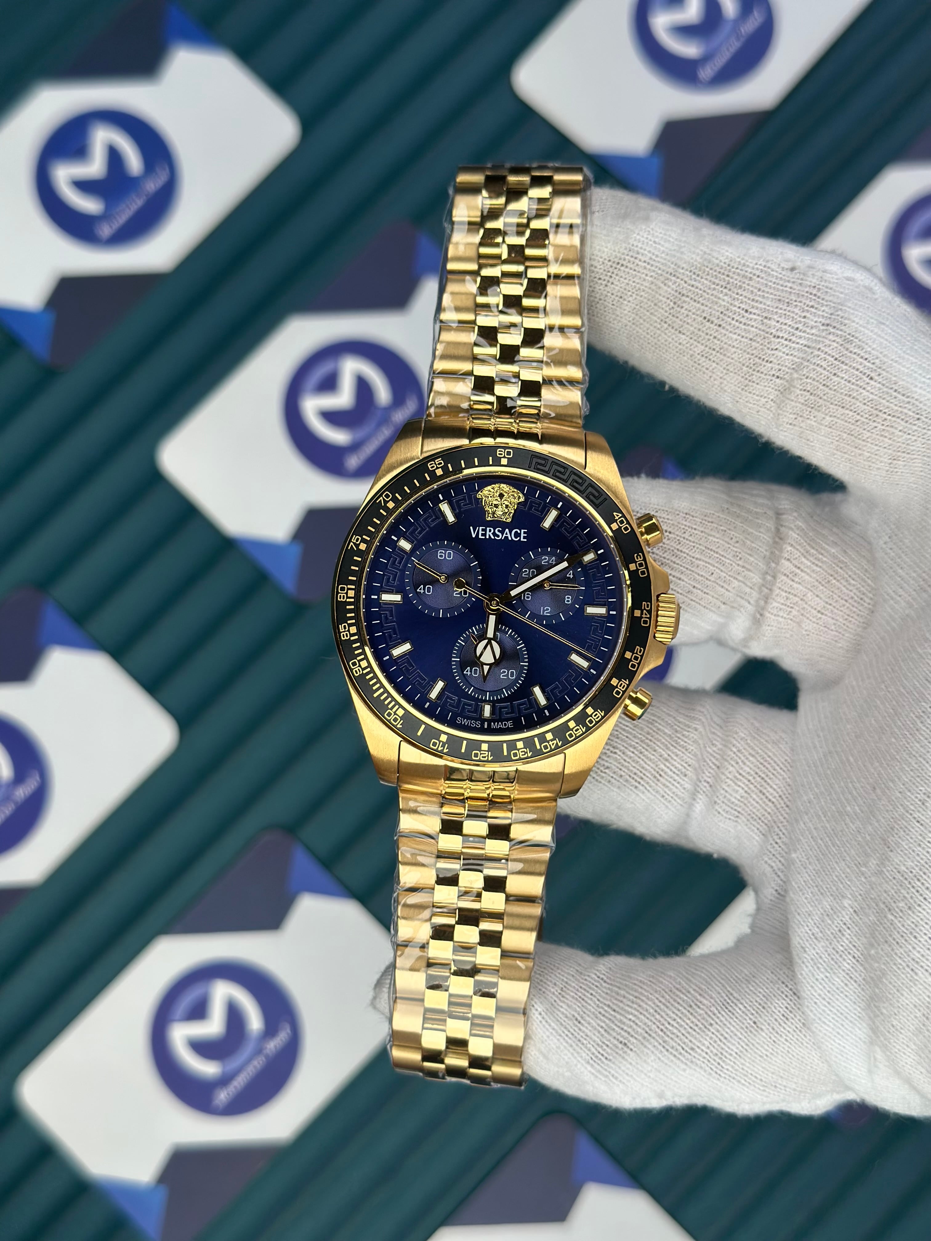 VERSACE NEW NAVY BLUE DIAL CHRONOGRAPH GOLD JUBILE