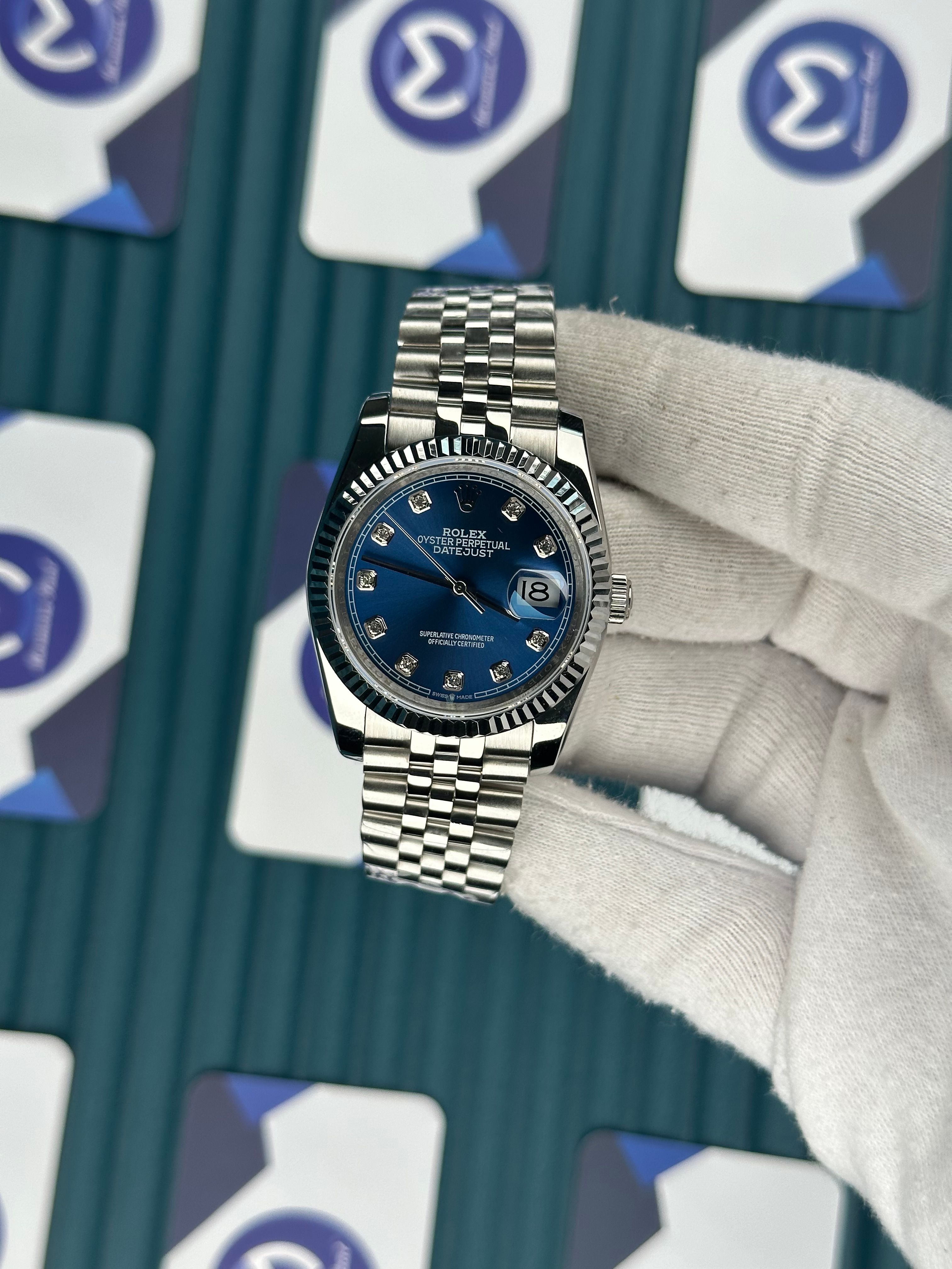 ROLEX 36 BLUE DIAL DIAMOND INDEX SILVER JUBILEE