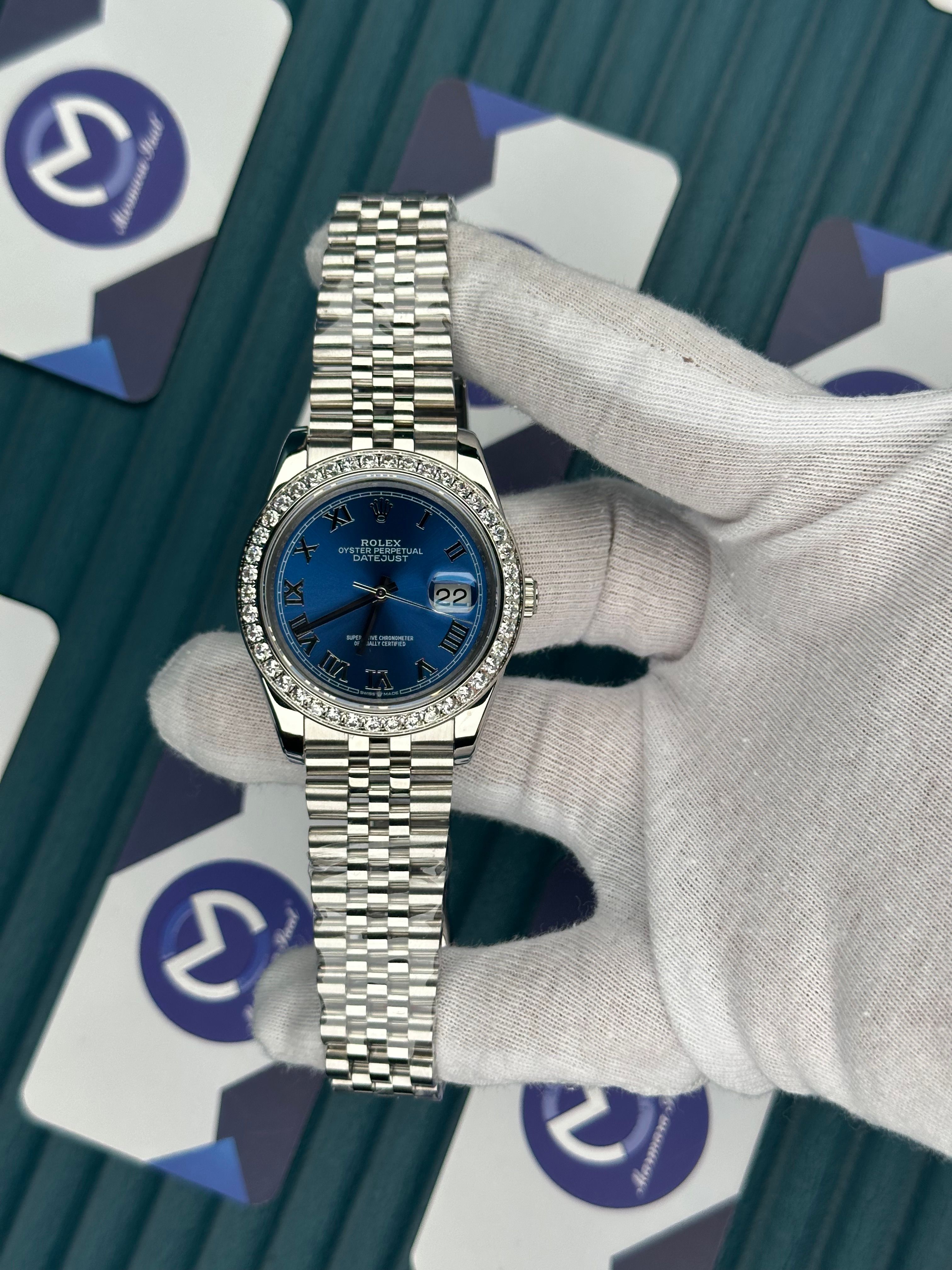 ROLEX DATEJUST BLUE DIAL DIAMOND BEZEL SILVER JUBILE