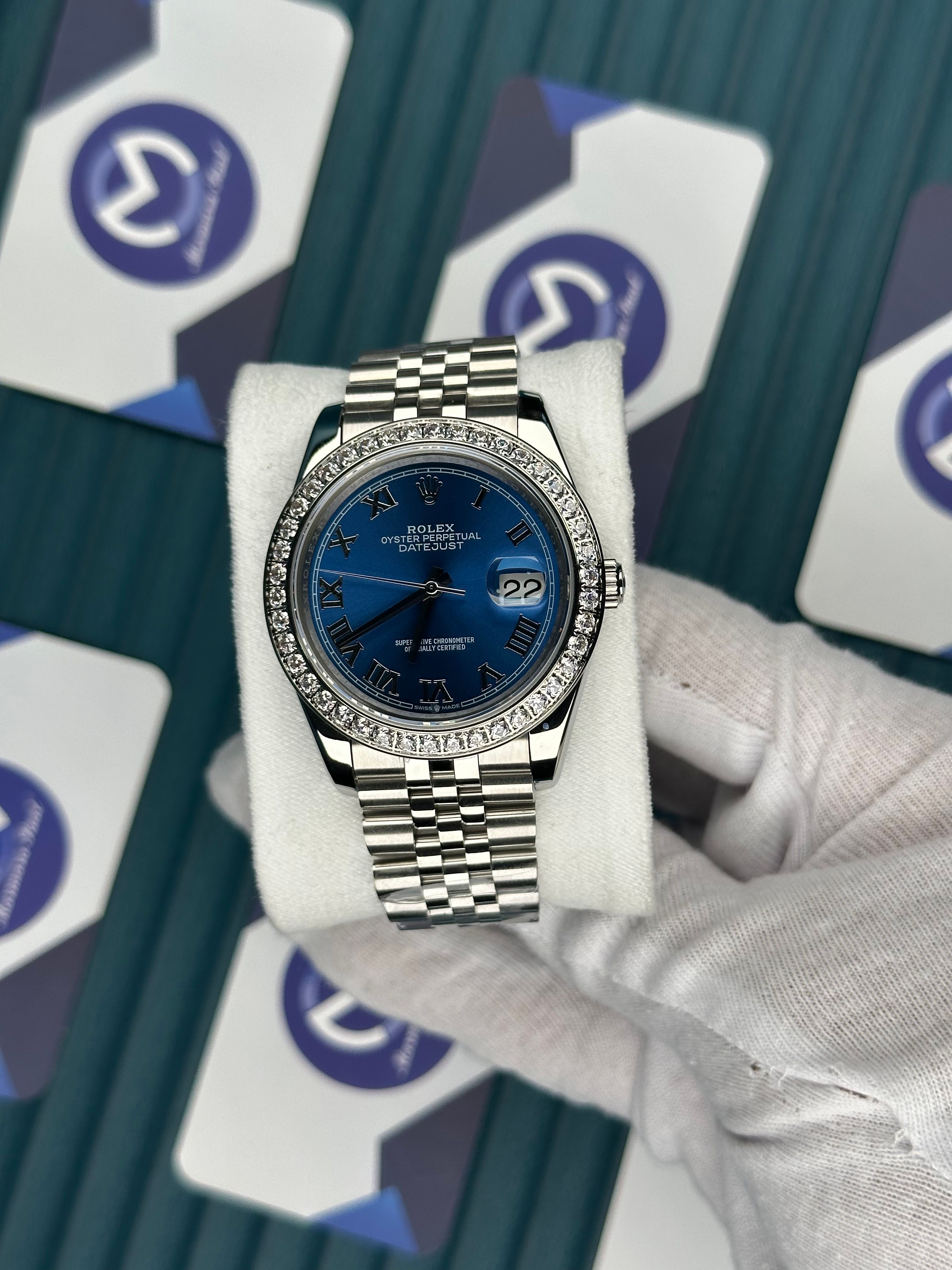 ROLEX DATEJUST BLUE DIAL DIAMOND BEZEL SILVER JUBILE