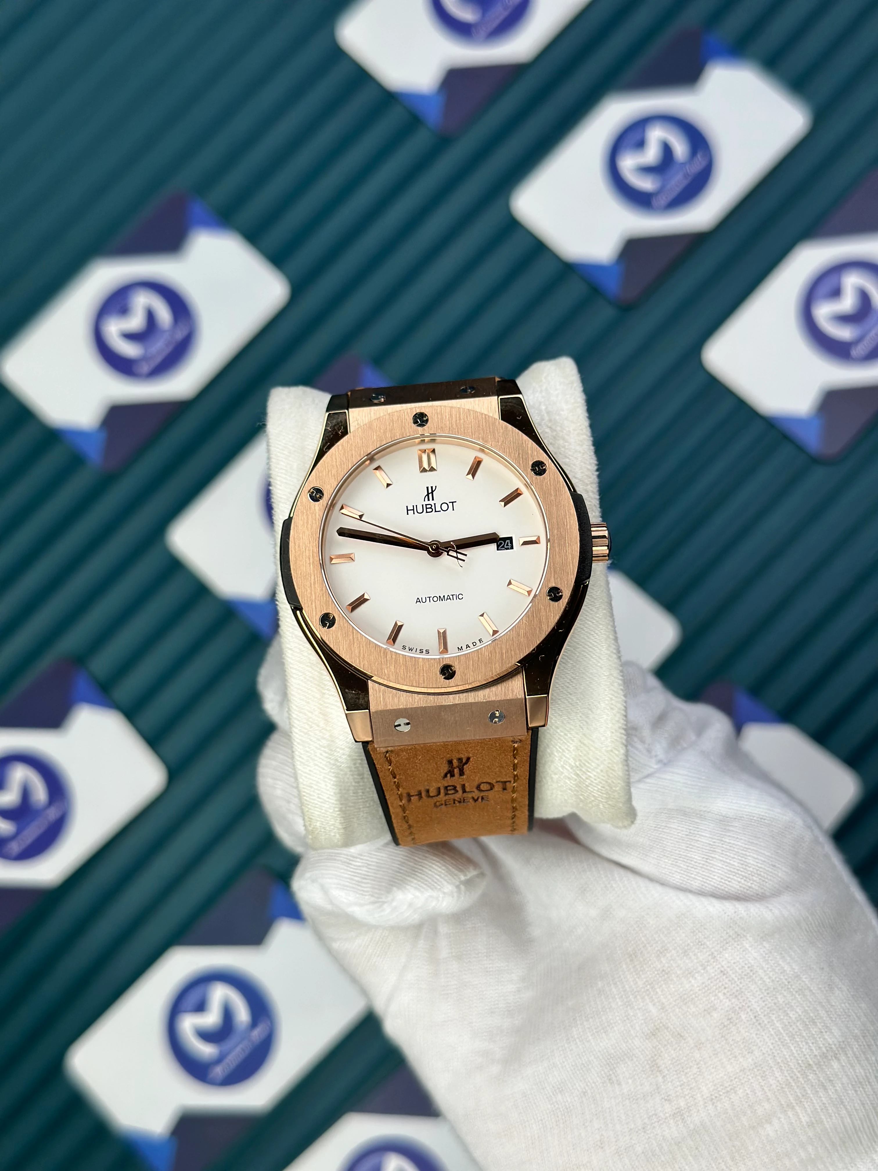 HUBLOT GENEVE AUTOMATIC VENDOME WHITE DIAL ROSE CASE BROWNT LEATHER CORD