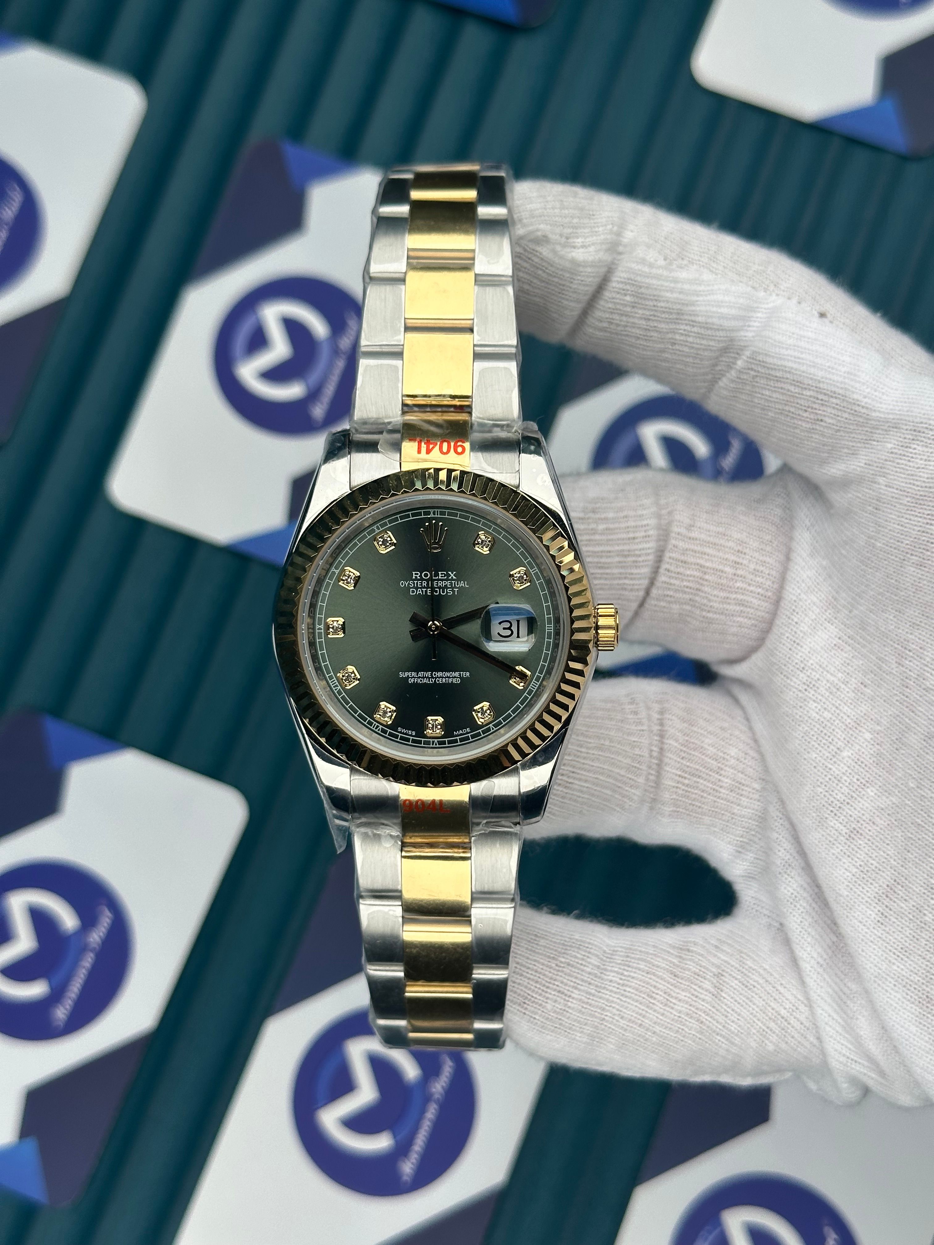 ROLEX DATEJUST GREEN DIAL DIAMOND INDEX GOLD-SILVER OYSTER