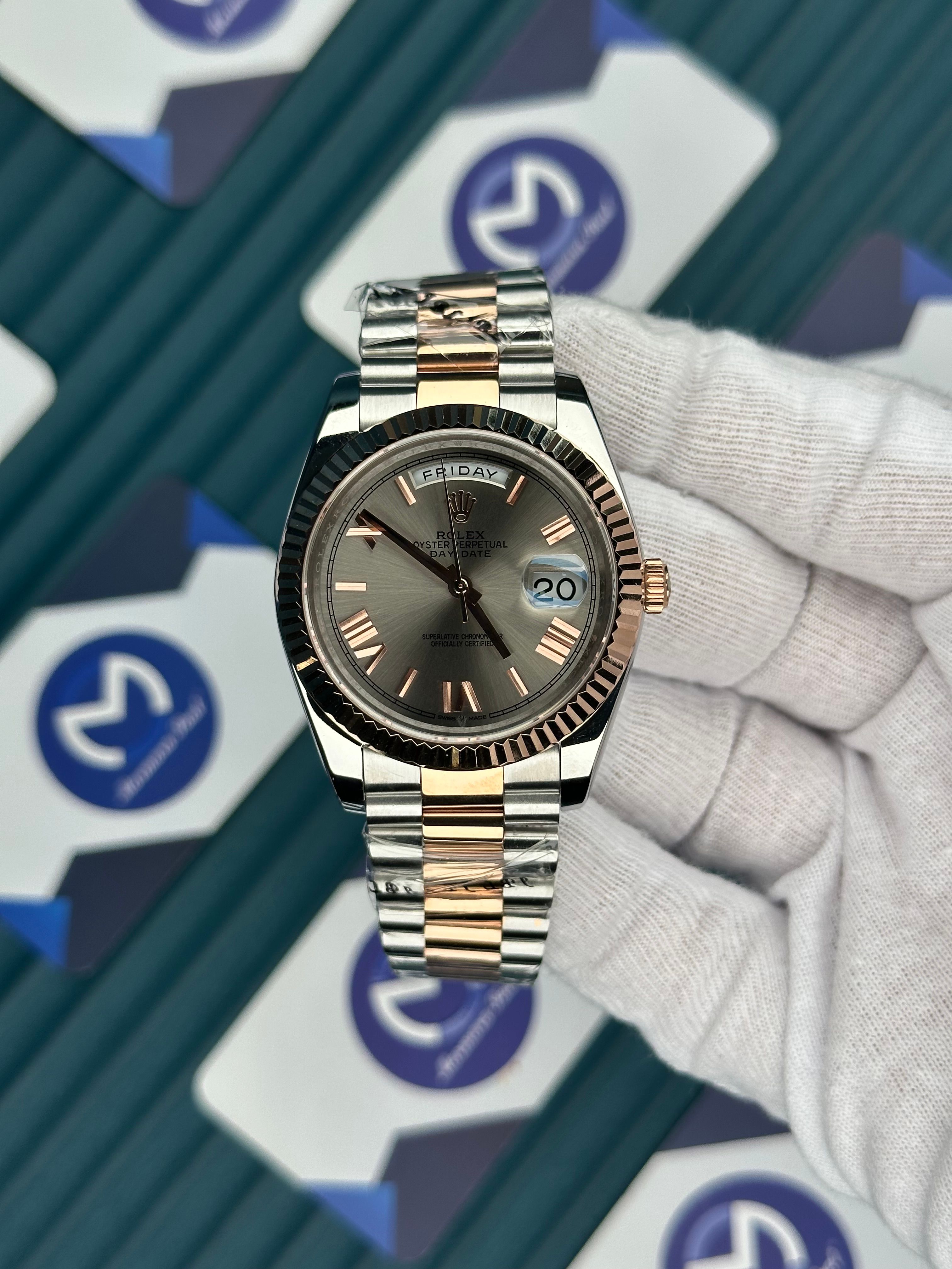ROLEX DAY-DATE GREY DIAL ROMA INDEX ROSE-SILVER PRESIDENT