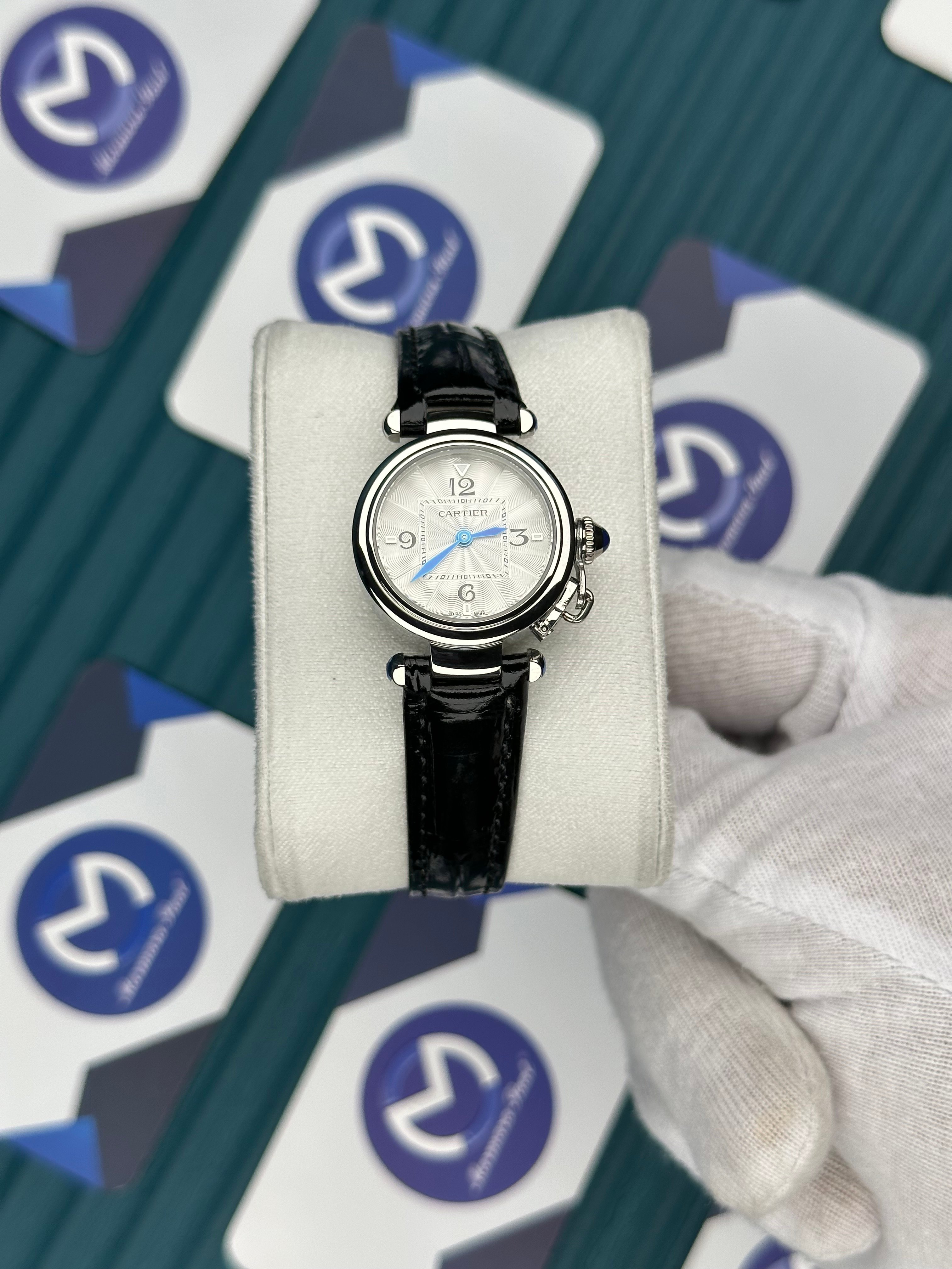CARTIER PASHA DE CARTIER WHITE DIAL SILVER CASE BLACK LEATHER CORD