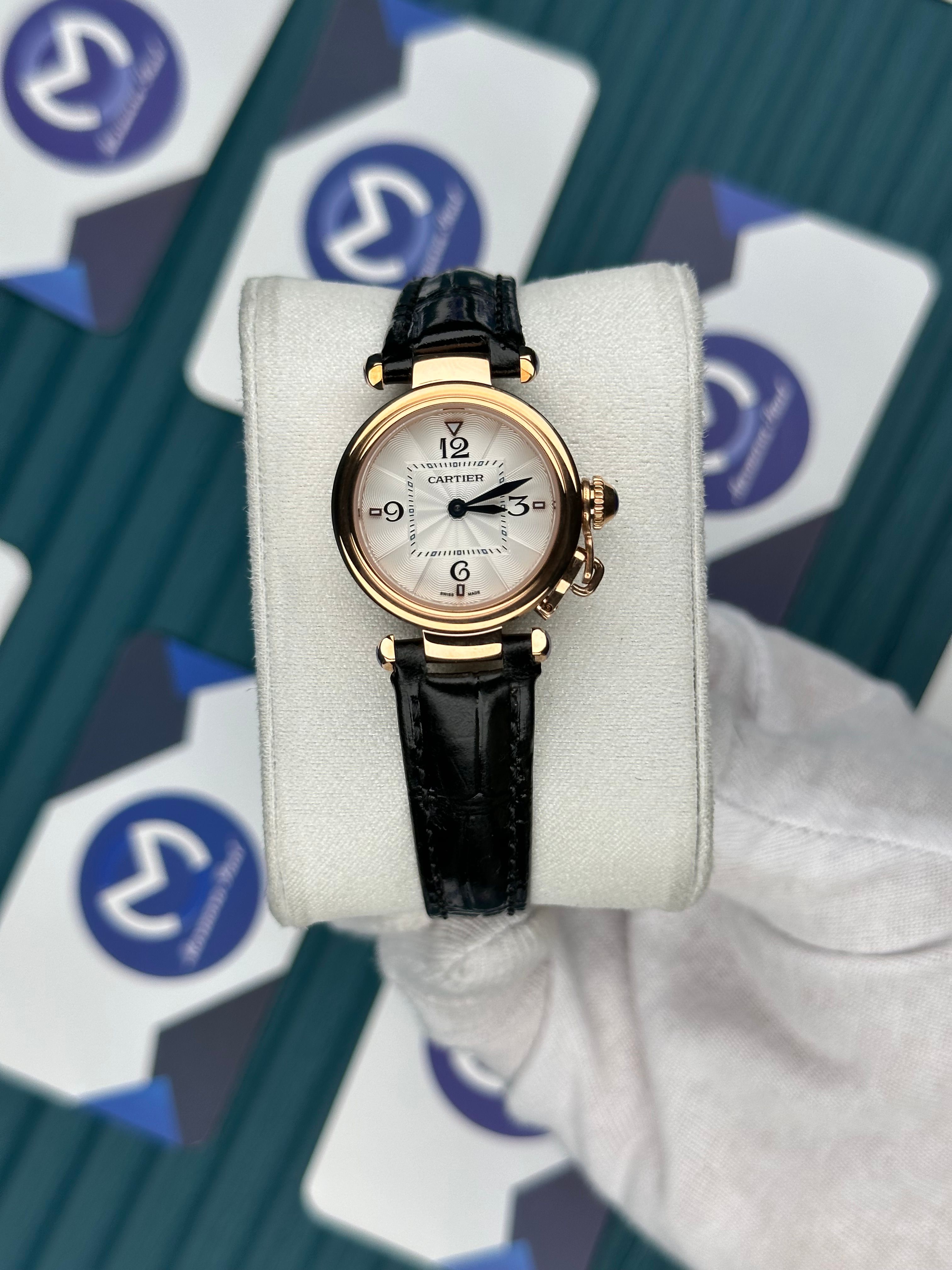 CARTIER PASHA DE CARTIER WHITE DIAL ROSE CASE BLACK LEATHER CORD