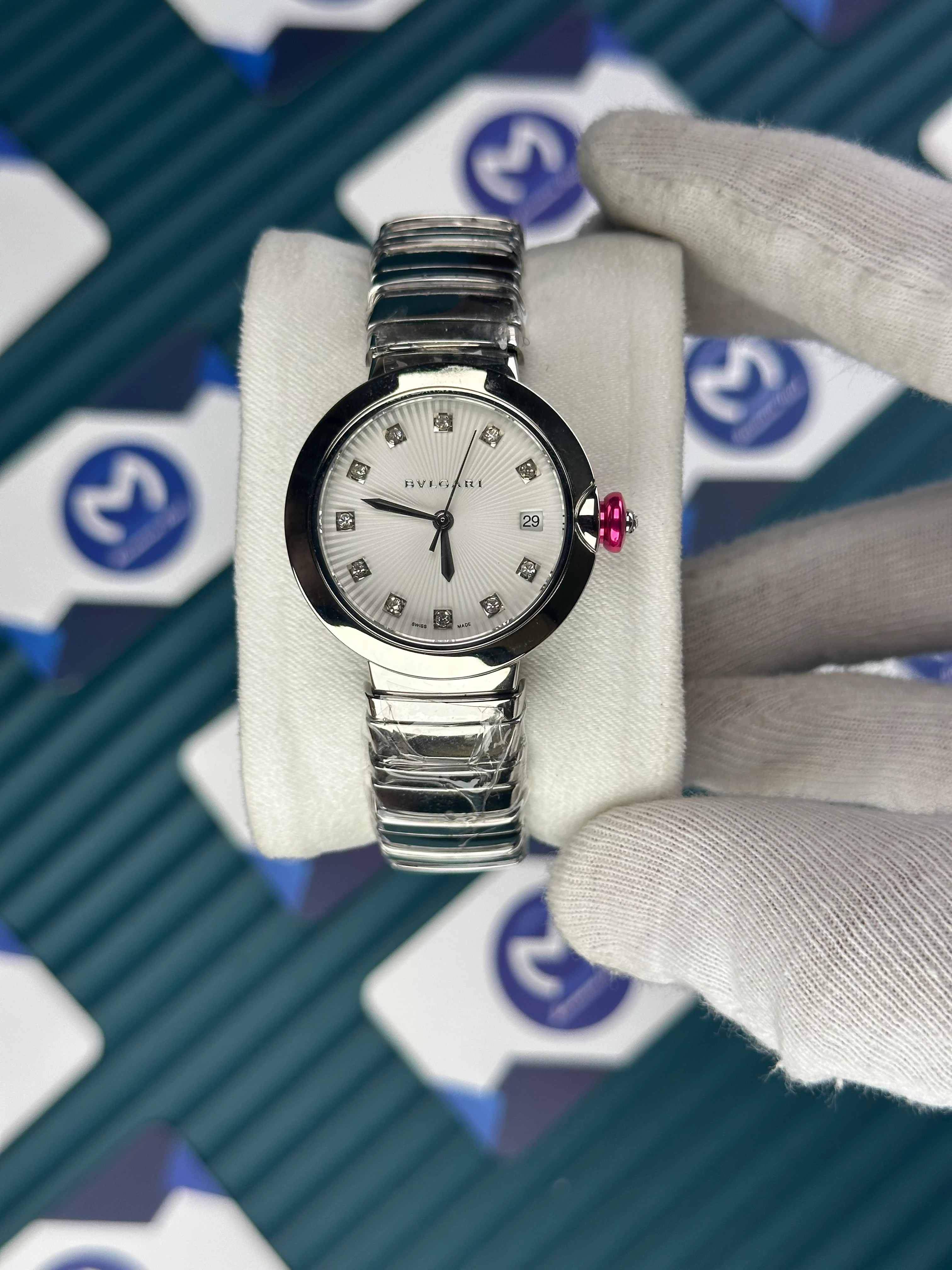 BVLGARI WHITE DIAL DIAMOND BEZEL SILVER BRACELET